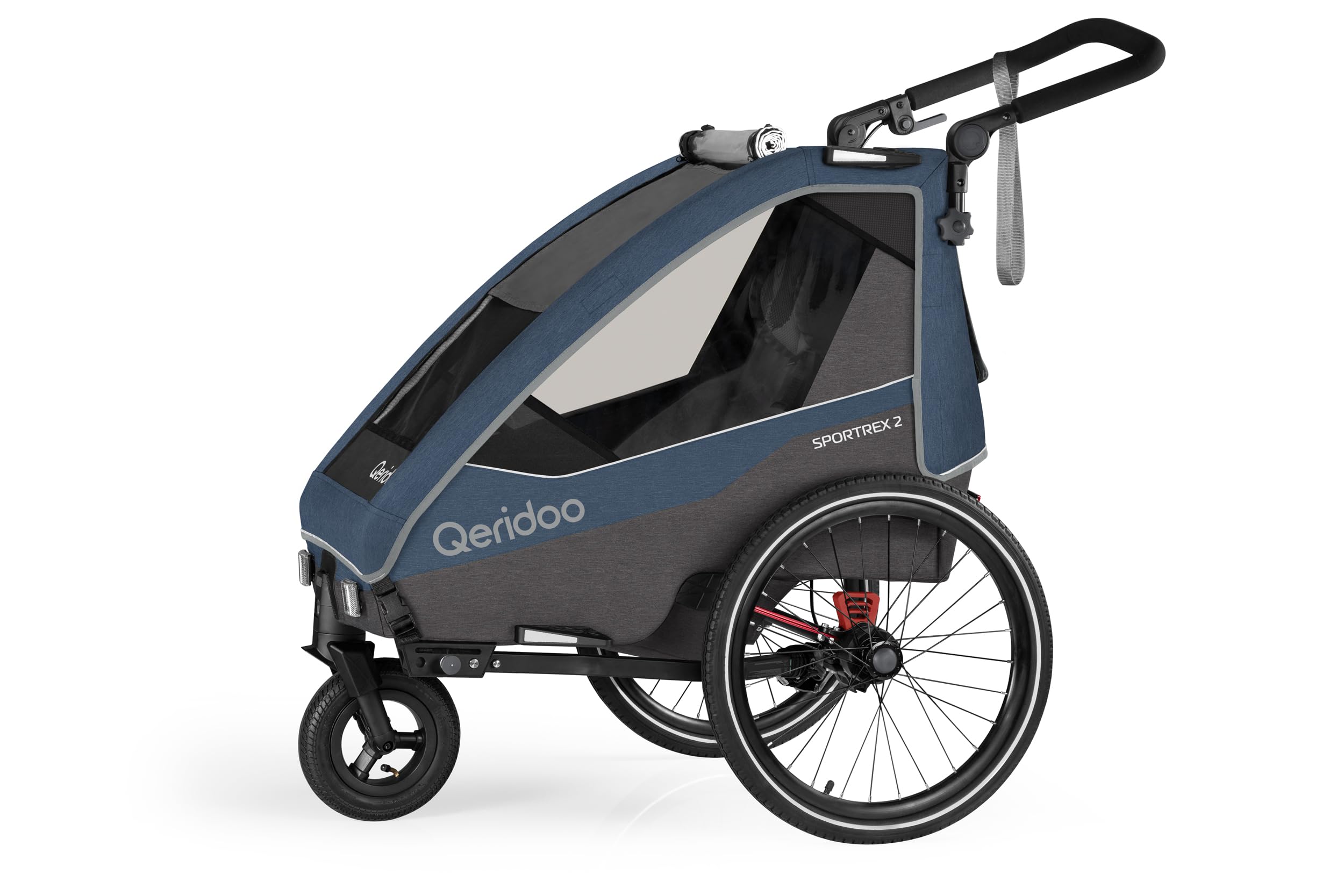 Qeridoo Fahrradanhänger Sportrex 2 Limited Edition Jeans Blue, faltbar, mit 360 Grad drehbaren, luftgefüllten Buggyrad und patentierten Kopfprotektoren, für 2 Kinder