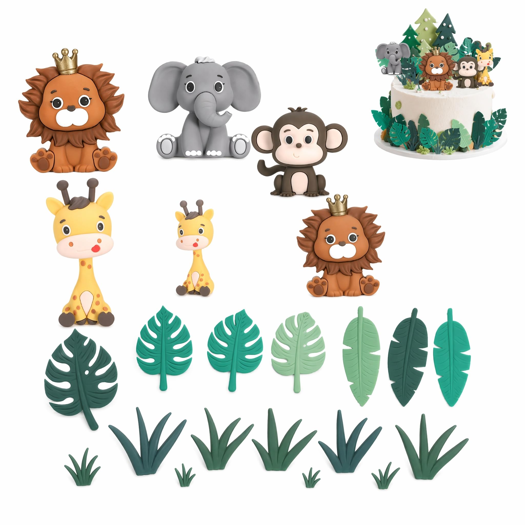 Safari Animal Cake, 24 Pcs Jungle Animals Cake Toppers Realistic Jungle Animals Toppers Cakes with Reuse Leaves and Grass Animal Cakes Decorations for Themed Birthday Party