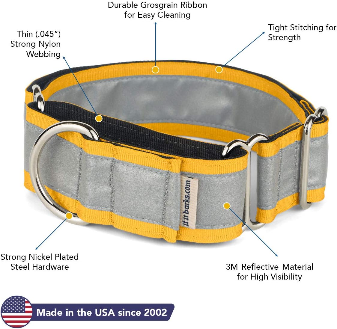 If It Barks - 1.5" Reflective Martingale Collar for Dogs - Adjustable - Made in USA - Strong, Durable, and Comfy - Ideal for Training - Suitable for Most Breeds - Medium, Yellow Gold