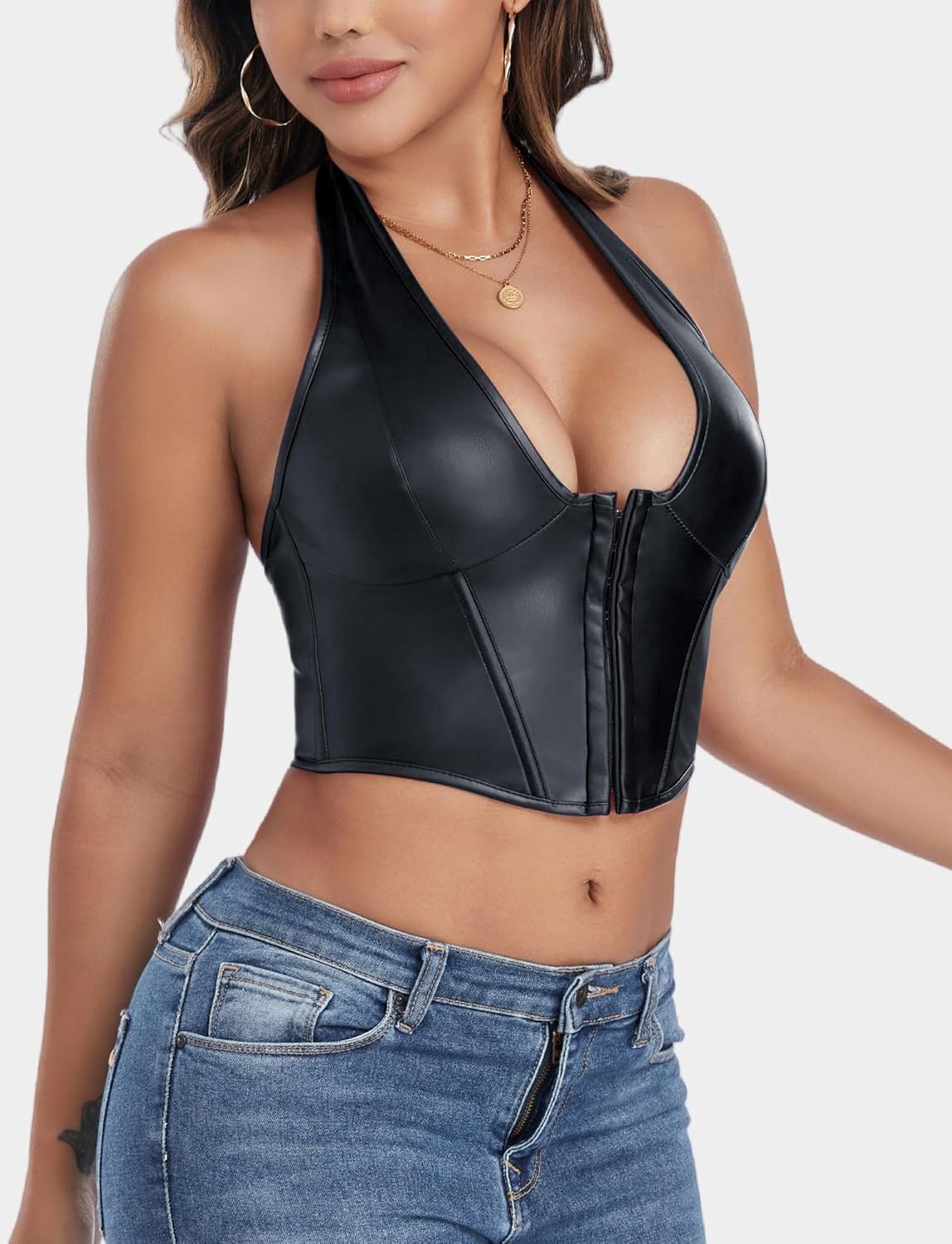 FEOYA Womens Pu Leather Halter Neck Tops Lace Up Backless Corset Bustier Sexy Y2K Going Out Party Vest Clubwear - Image 3