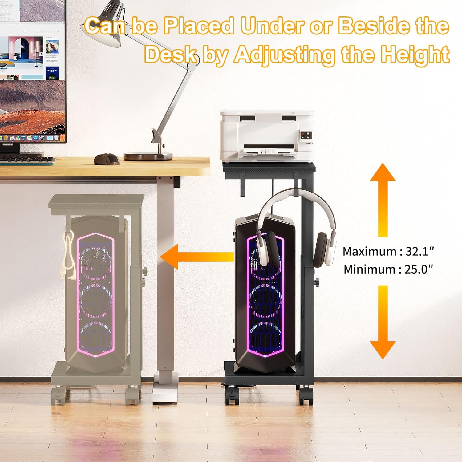Snughome Computer Tower Stand with Charge Station, 25.0"-32.1" Height Ajustable PC Tower Stand for Floor, Mobile CPU Holder Cart for Carpet with Hooks, PC Cart for Gaming Office Home