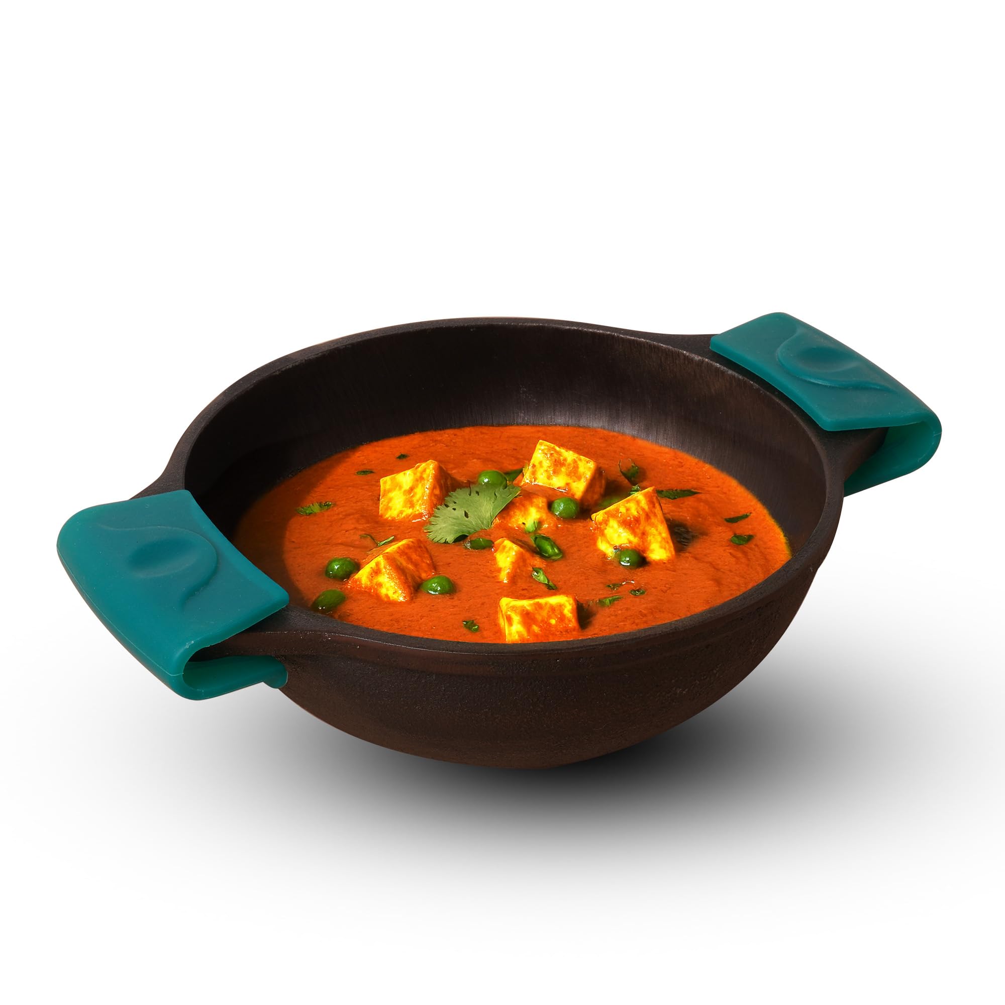 The Indus Valley Pre-Seasoned Super Smooth Cast Iron Kadai/Kadhai for Cooking and deep Frying | Gas Stove and Induction Friendly (8 Super Smooth Kadai + Silicon Handel)