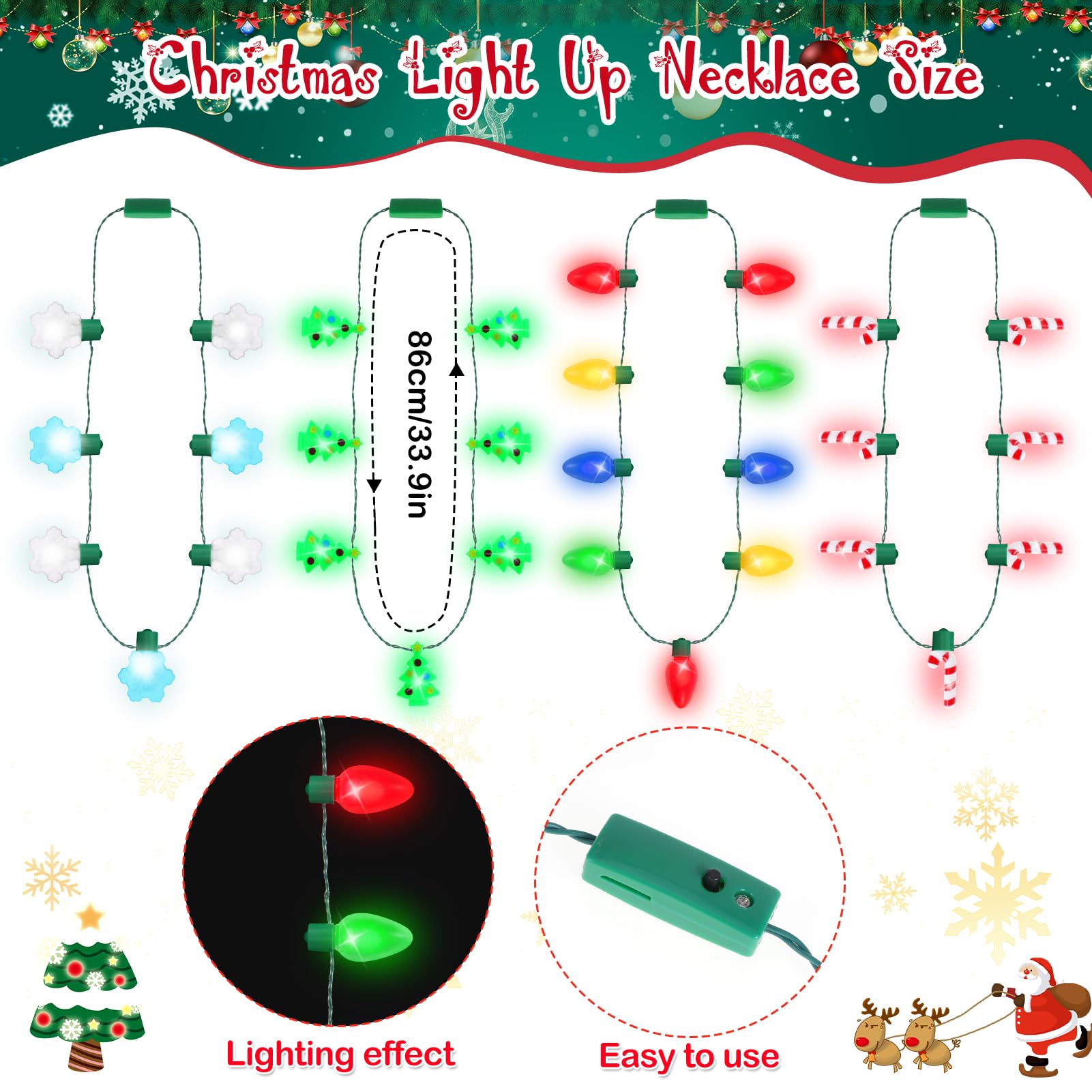 Set Serre-Tête Et Collier LED De Noël – Motifs Rennes, Sapins, Bonnets – 3 Modes Lumineux – Enfant Adulte