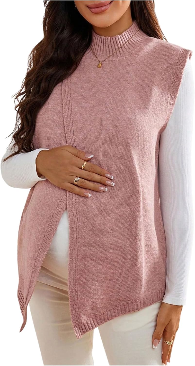 OYOANGLE Women's Maternity Sweater Vest Split Hem Mock Neck Sleeveless Pregnancy Knit Top