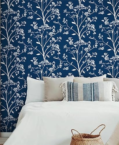 Miniatura 2 de Hopepak Papel tapiz floral de 17.3 x 394 pulgadas, papel tapiz autoadhesivo floral azul y blanco, papel de contacto floral, bohemio, extraíble, para