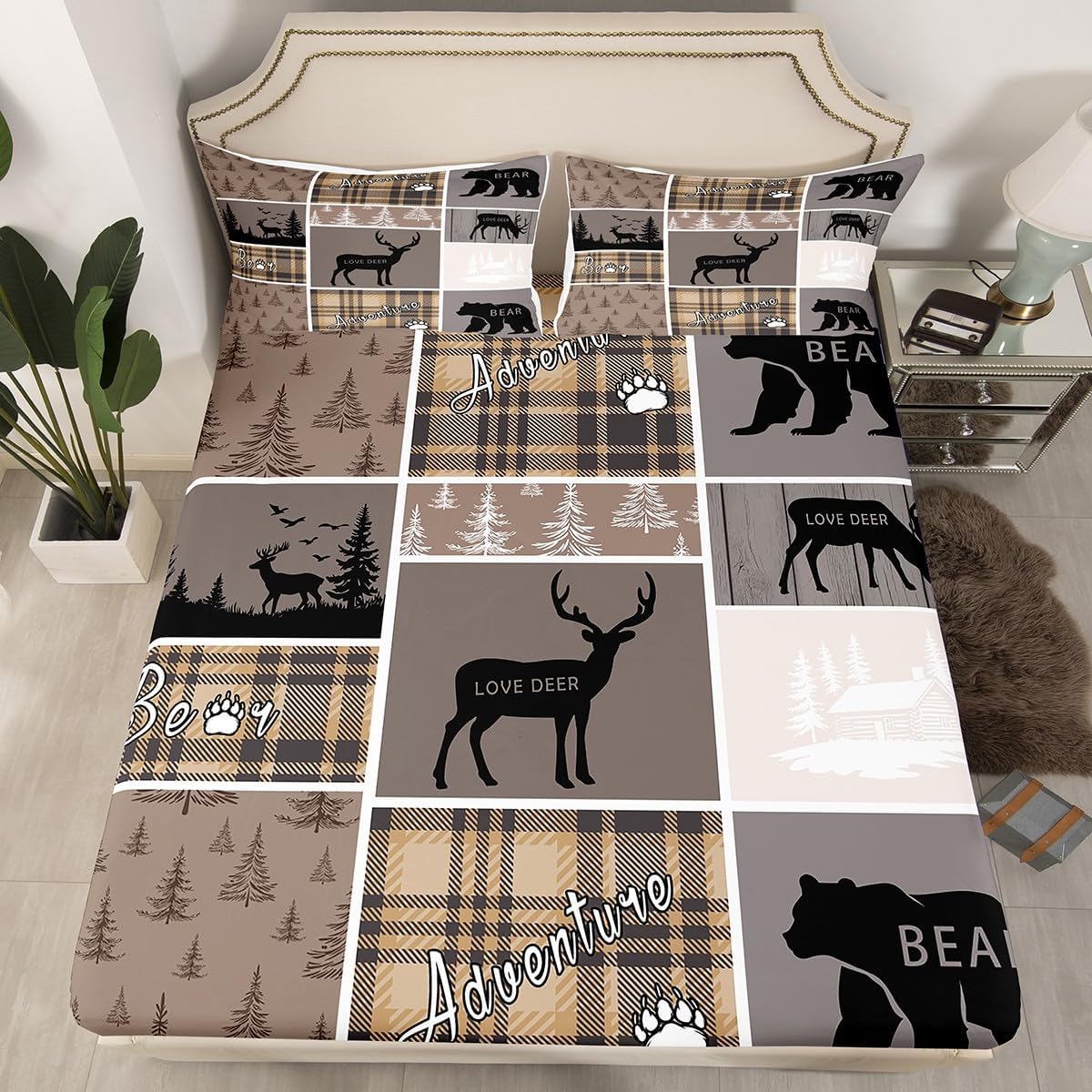 Hunting Bear Fitted Sheet for Boys, Rustic Cabin Lodge Bedding Set Full Size, Vintage Farmhouse Patchwork Bed Sheets Woodland Animal Adventure Camping Bed Cover 3Pcs with 2 Pillow Cases, Brown