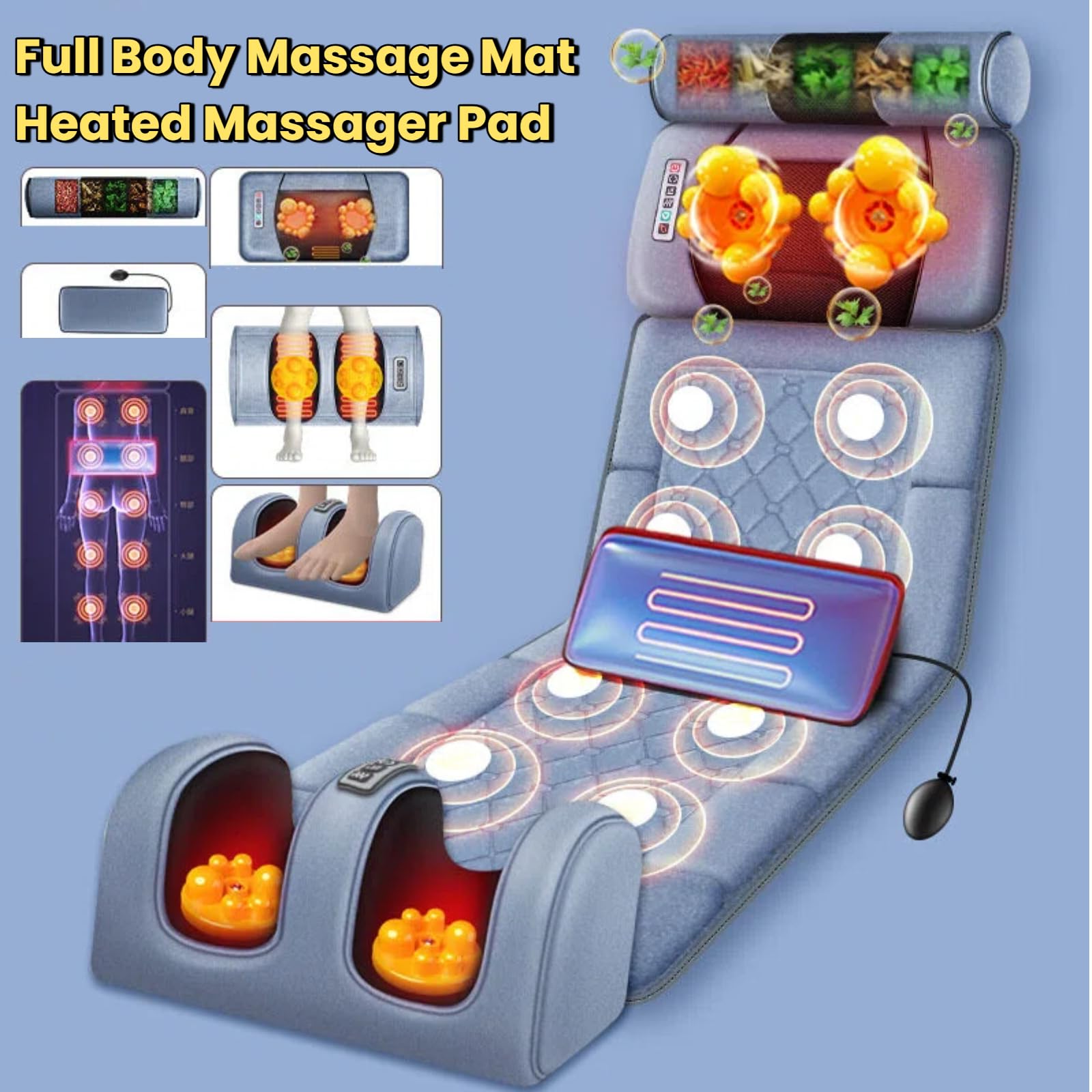 Esterilla de masaje de cuerpo completo con función de calor, cojín de asiento de masaje con 10 motores de vibración, masaje de pies, masaje de cuello y espalda, esterilla eléctrica de masaje