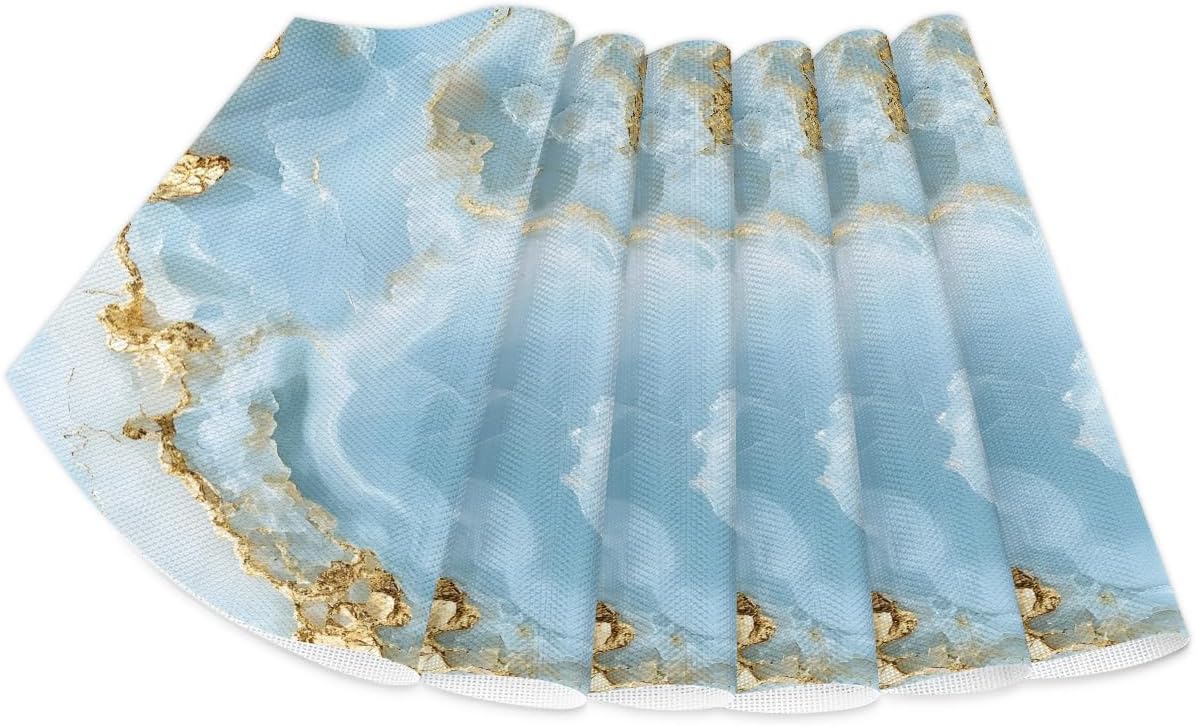 Wedge Placemats Set of 6 PVC Blue Marble Art Wedge Table Placemats and 1 Round Plates Mat Non-Slip Heat Resistant Washable Table Mats for Kitchen Dining Table Party Patio Decor