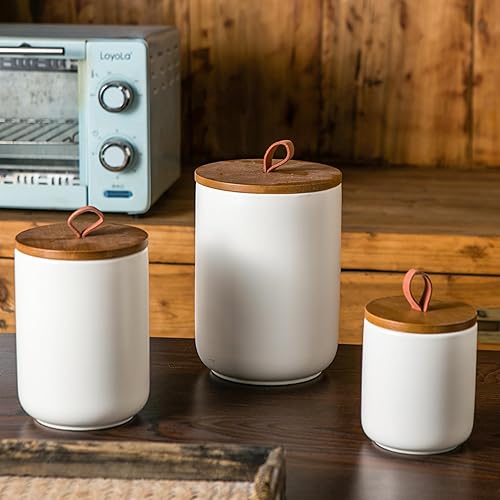 Vista 7 de JOJUNO Juego de recipientes de cerámica blanca con tapa de madera, tarros herméticos de almacenamiento de alimentos de 3 piezas para encimera