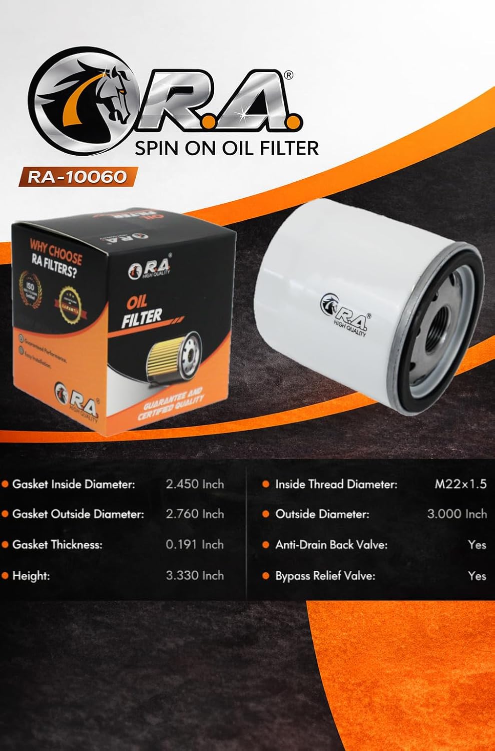 RA-10060 Engine Oil Filter Compatible With Chevrolet Silverado 1500, GMC Sierra 1500, RAM 1500, Tahoe, Suburban, Escalade, Jeep Grand Cherokee & Wrangler