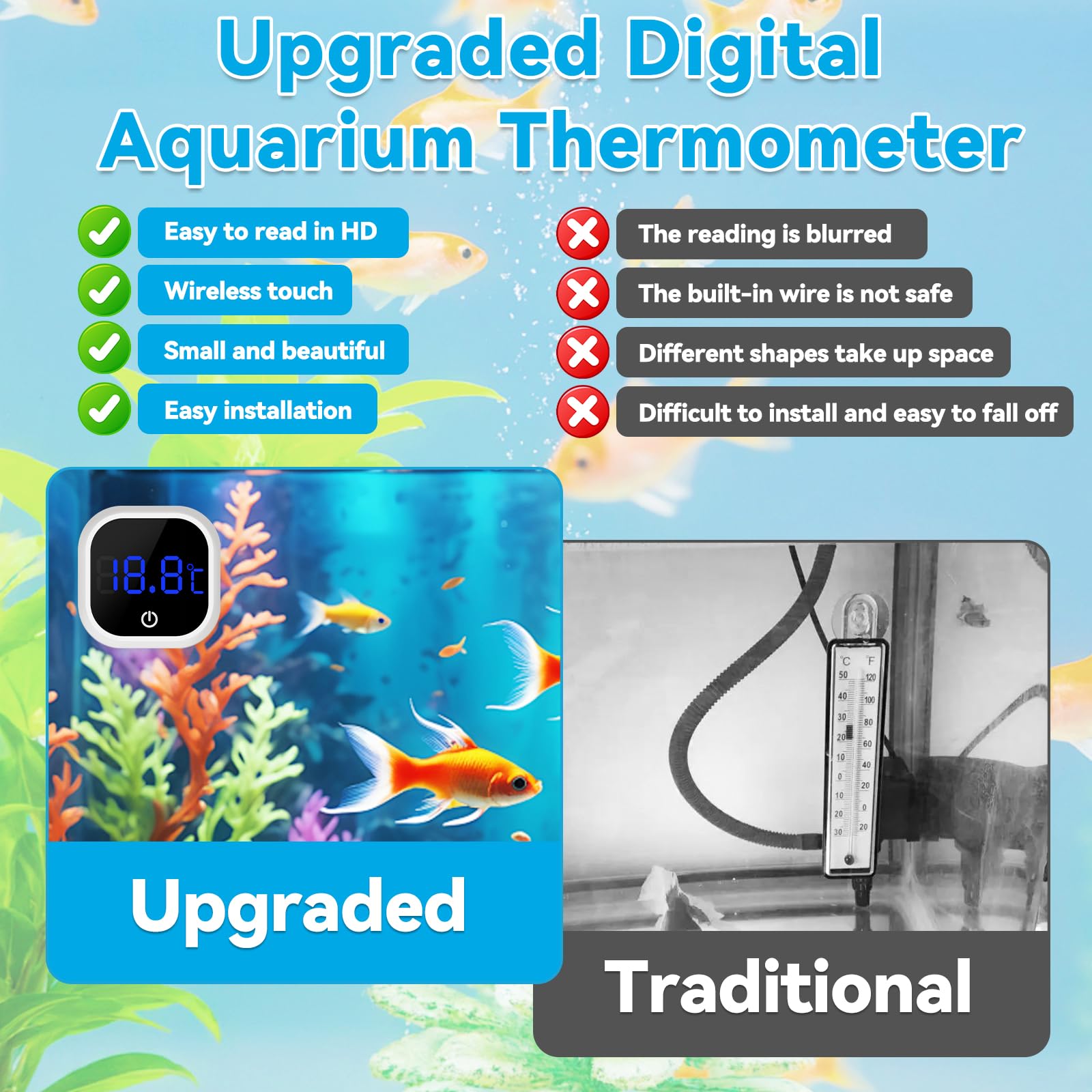 Termometro Digitale per Acquari LED Touch Screen Wireless, Alta Precisione 1℃, per Acquari Tropicali e Rettili, Accessorio Acquario, Bianco