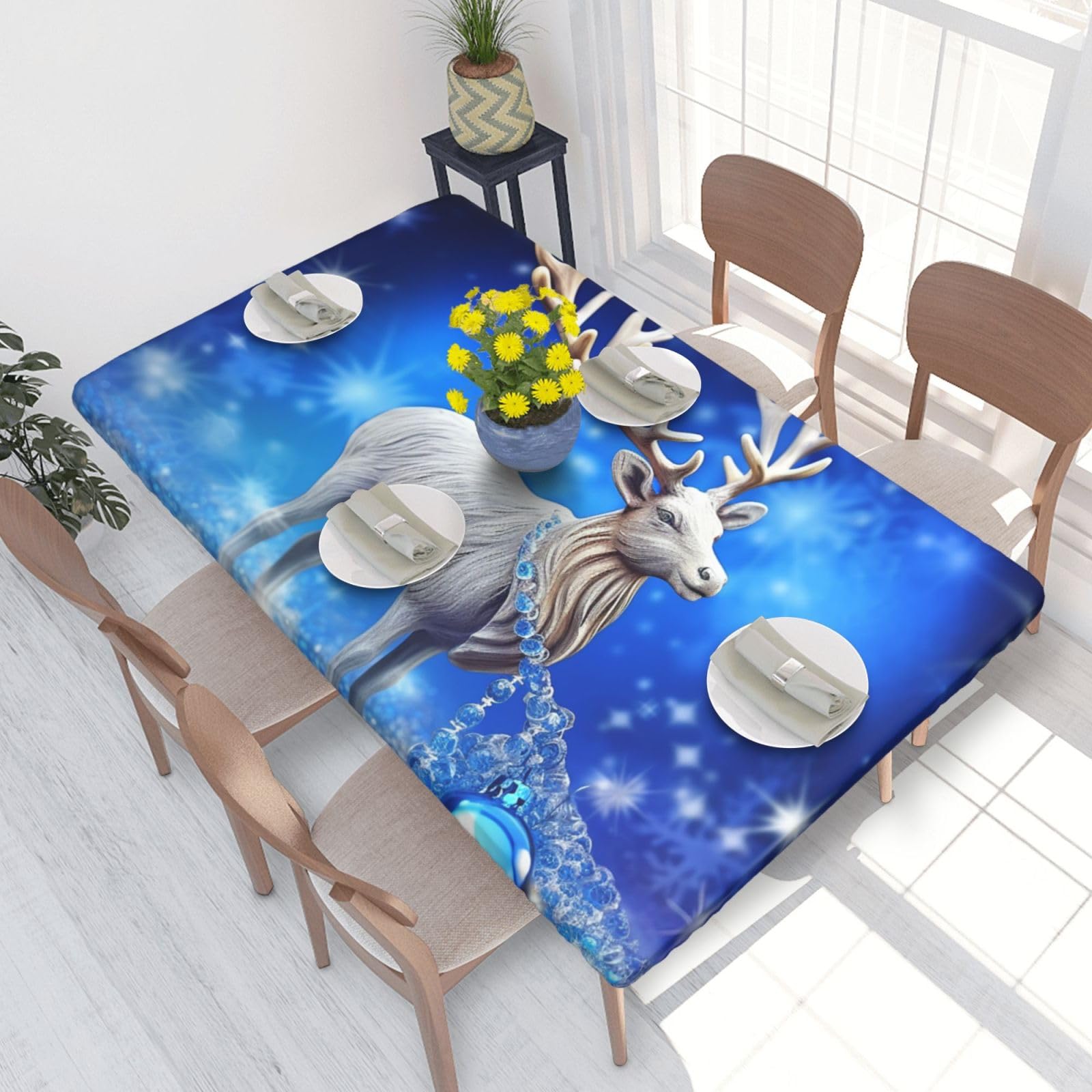 Crystal Reindeer Christmas Waterproof Square Table Cover Elastic Fitted Tablecloth Oil Proof Table Protector For 4ft Table