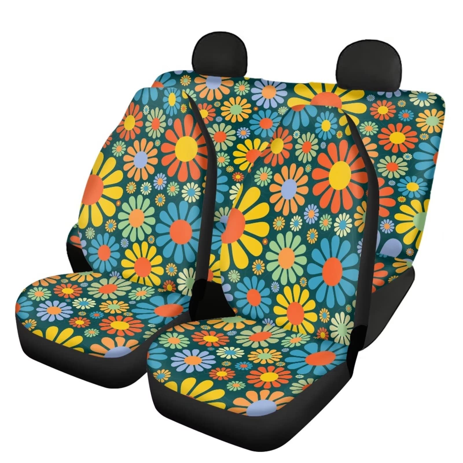 Housses De Siège Voiture Hippie 13 Pièces - Motif Floral - Housse Volant, Coussins Ceinture, Dessous De Verre - Accessoires Mignons