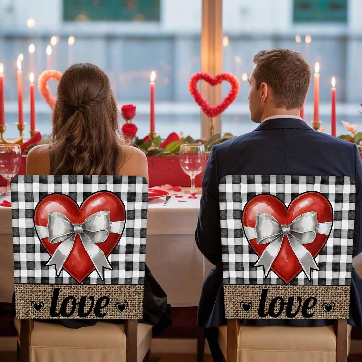 Valentine's Day Chair Covers Set of 4 Bowknot Love Heart Chair Slipcover Protector Stretch Chair Covers Black Buffalo Plaid Linen Chair Back Covers for Dining Chairs Kitchen Dinner Wedding Party