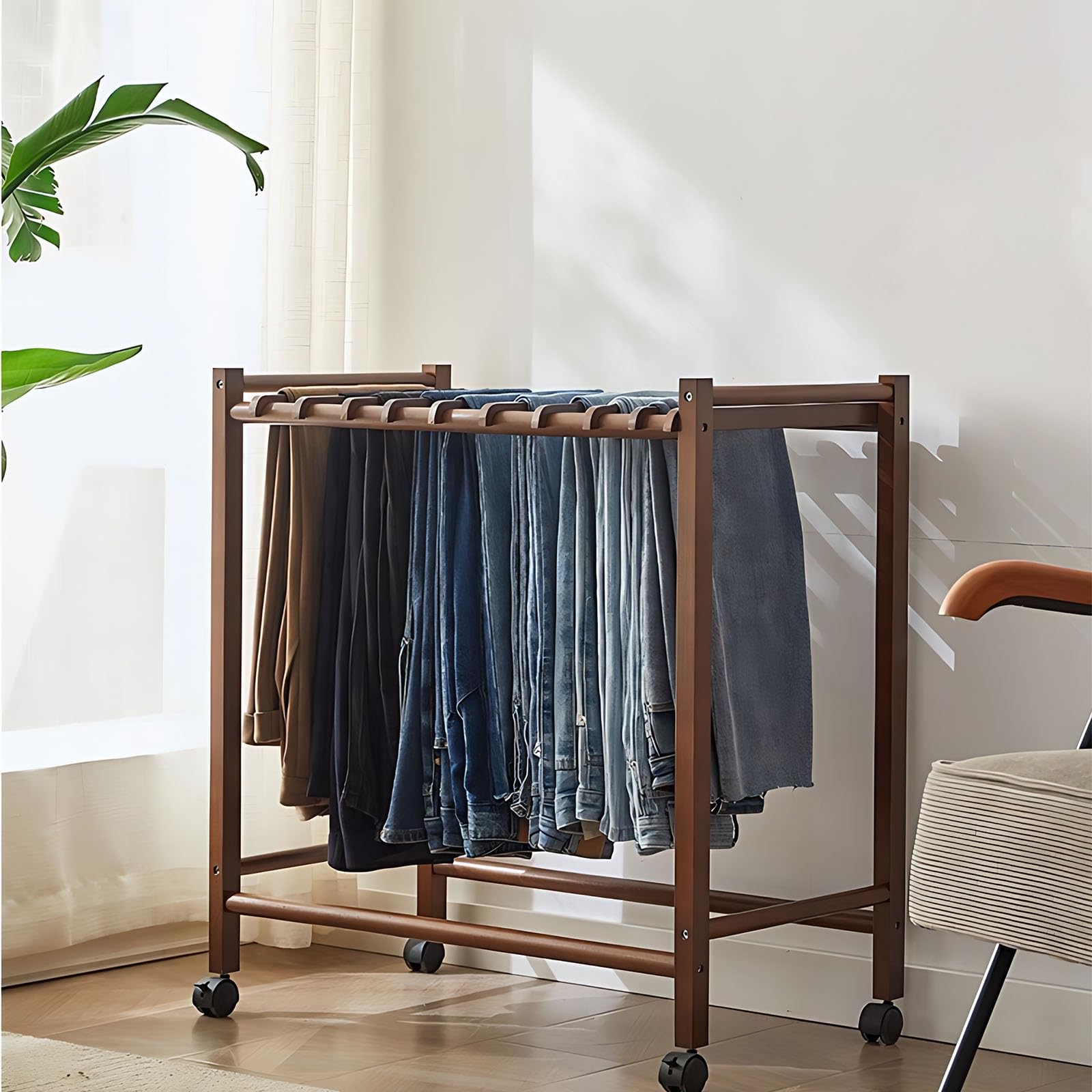 Pantalones de madera Ha con ruedas para armario con ropa de 12 Ha y Sto para pantalones, pantalones cortos, jeans, pantalones, carrito (nogal)