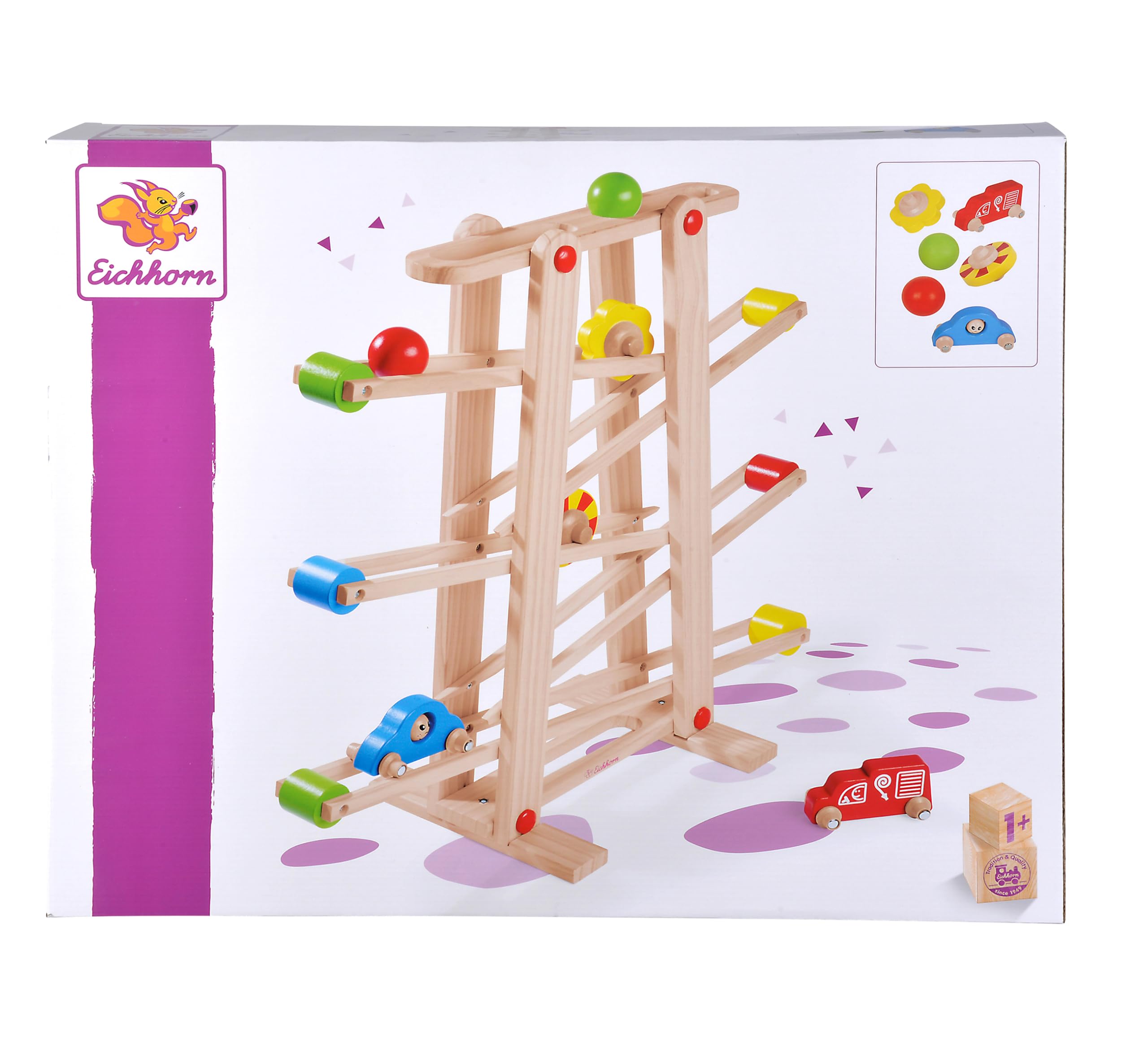 Eichhorn 100002029 Große Rollbahn aus Kiefernholz, 7-teilig, mit 6 Rollelementen, Kugelbahn für Kinder ab 1 Jahr, Größe: 67 x 56 cm