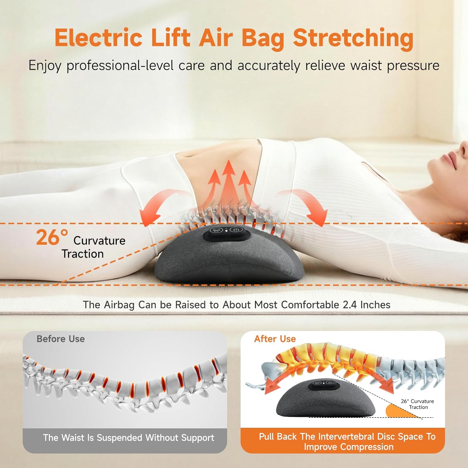 3-in-1 Electric Lumbar Support Pillow with Adjustable Height for Bed and Chair, Triple Fusion Cordless Back Massager with Heated, Vibration, Traction, Lower Back Pain Relief for Home & Office, Car