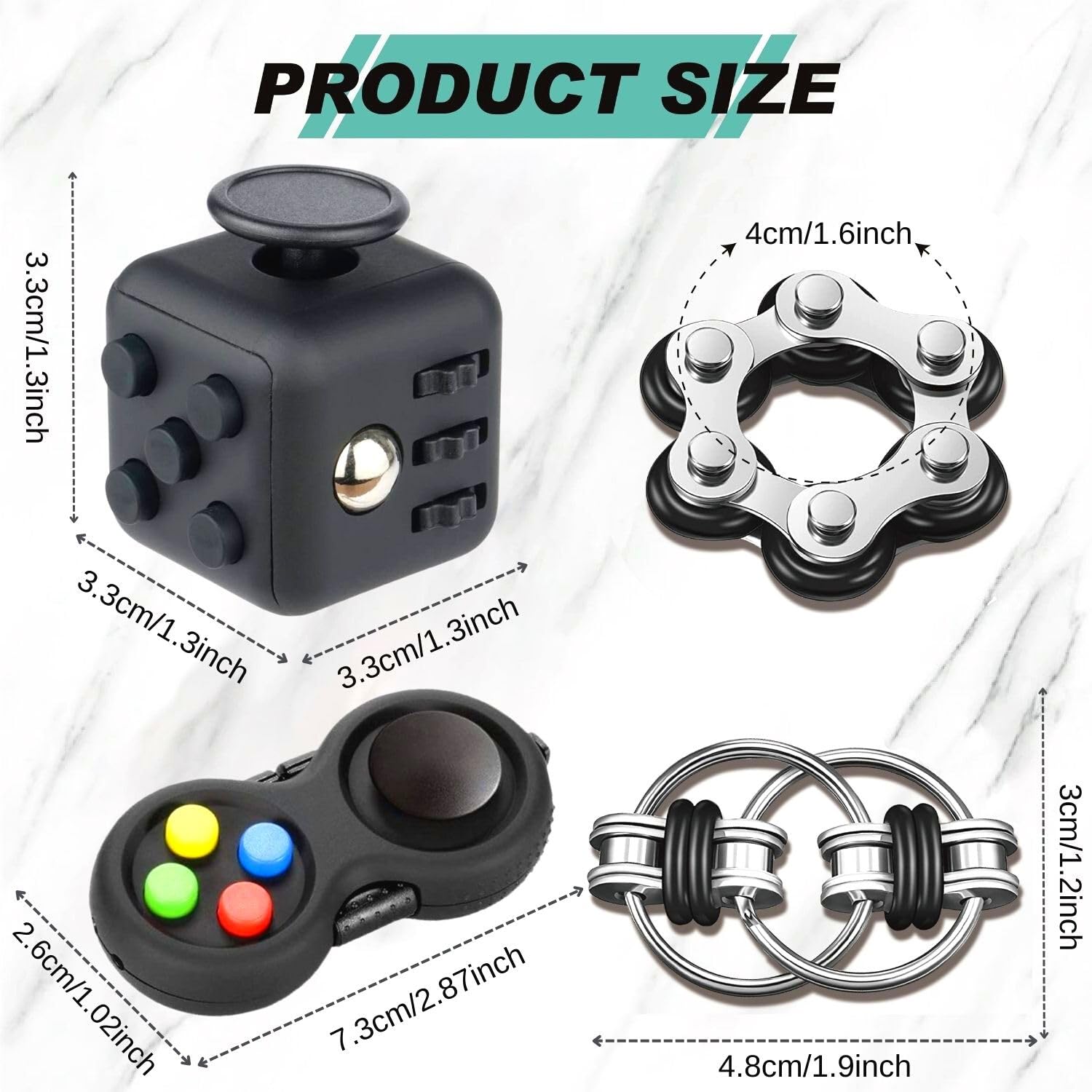 Yeefunjoy Fidget Toys zestaw 4 zabawek antystresowych, kontrolery Fidget Pad, sześć rolek i breloczków, antystresowe, dla dorosłych i dzieci (czarny)