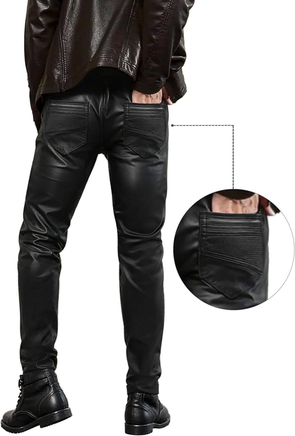 ETHANOL Mens Slim Fit Stretch Fashion Casual Faux Leather Pants - Image 3