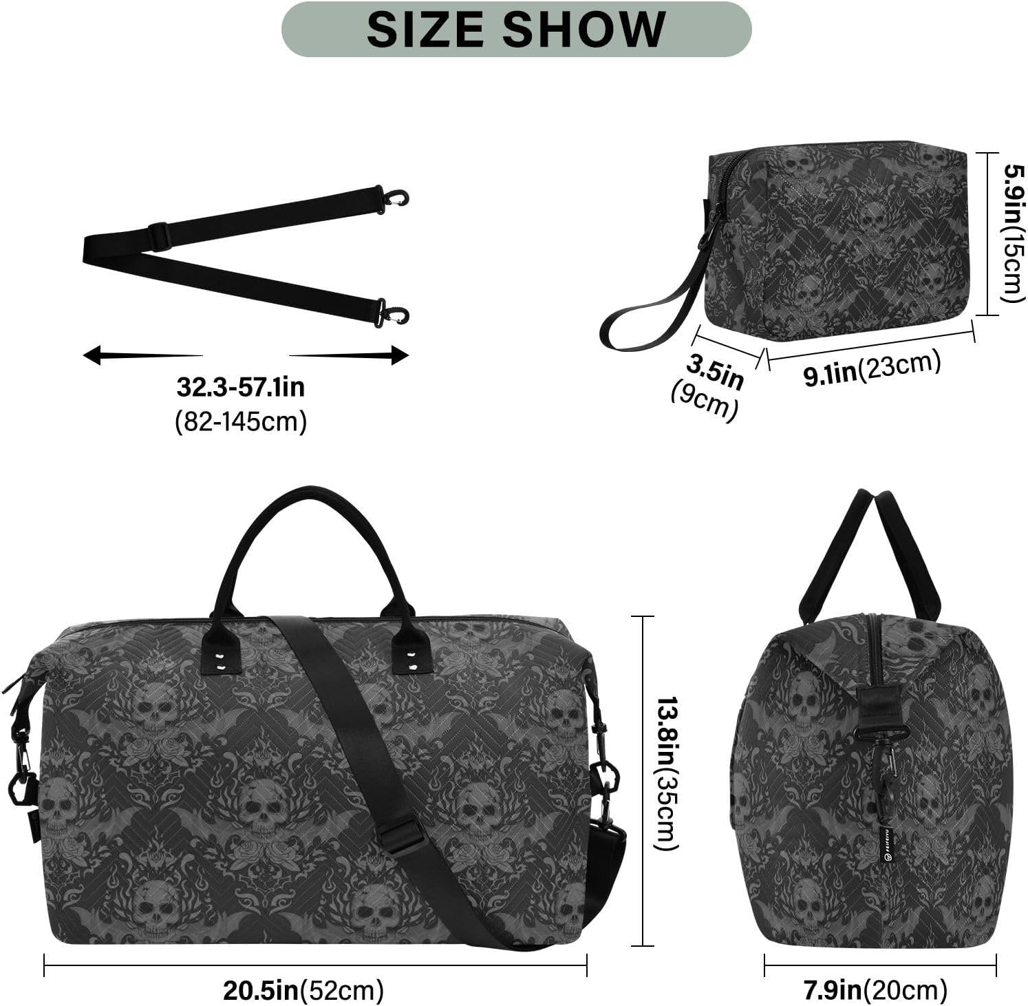 Gothic Skull Quilted Travel Bags Weekender Duffle Bags With Toiletry Bag Carry on Overnight Duffels Yoga Gym Bag for Airplanes Business Sports