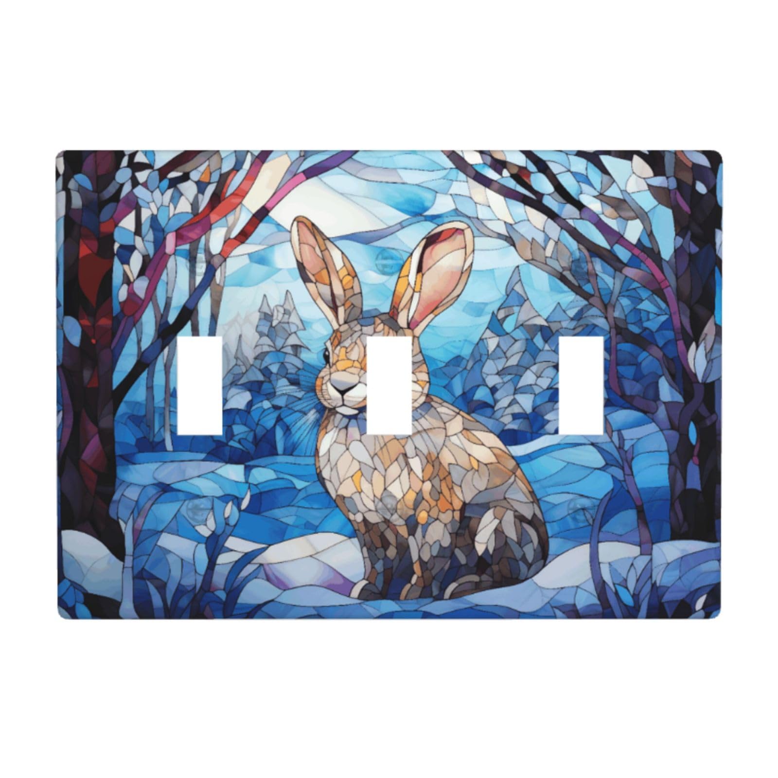 Stained Glass Bunny in Winter Light Switch Covers 3 Gang Triple Toggle Wall Plate Switchplate Electrical Faceplate for Bathroom Kitchen Bedroom Decor