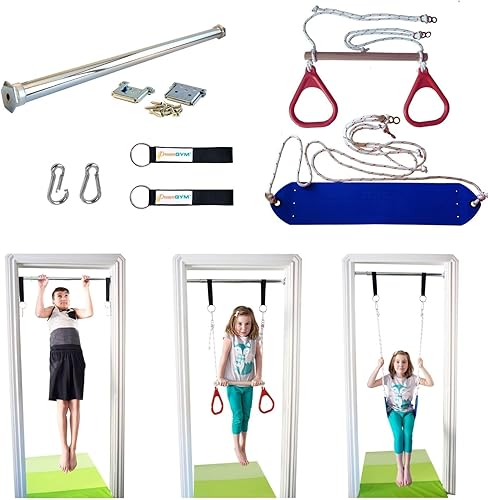 DreamGYM Columpio de puerta para niños en interiores  Combo de barra de trapecio y anillos de gimnasia y columpio de cuerda clásico para puerta de