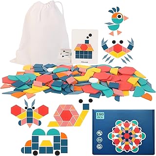 YELINTIAN 180Pcs Wooden Pattern Blocks, Tangram Shape Puzzle Set, Geometric Shapes with Cards Tangram Puzzles for Kids Edu...