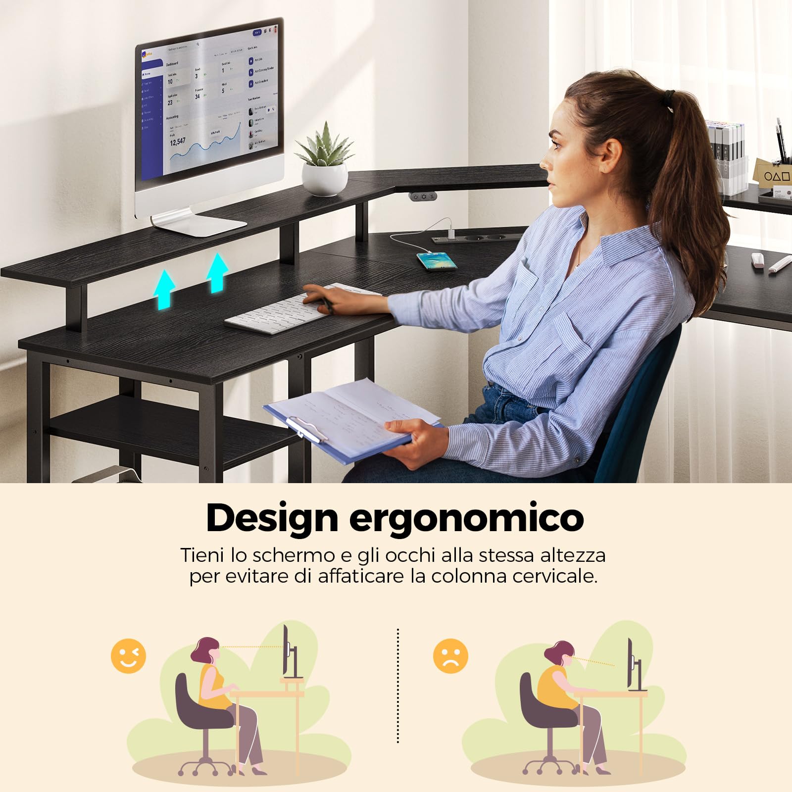 Rolanstar Scrivania Gaming Angolare con LED, Scrivania a L con Prese e Porte USB, Supporto per Monitor e Ripiano, Tavolo a Forma di L Reversibili con 2 Ganci (Nero, 134,5 x 134,5 x 86,2cm)