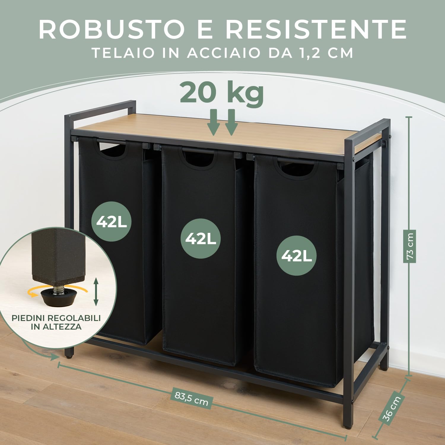 Blumtal cesto biancheria sporca 3 scomparti in grigio per organizzare - cesta portabiancheria 3 scomparti estraibili con ripiano superiore in materiale effetto cemento - struttura in metallo bianco