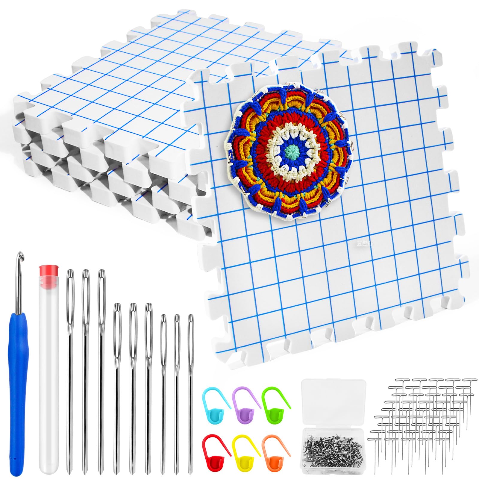 Set 4 Tapis De Blocage Tricot + 50 Épingles T - Planche Mousse 30cm Avec Grille Pour Crochet