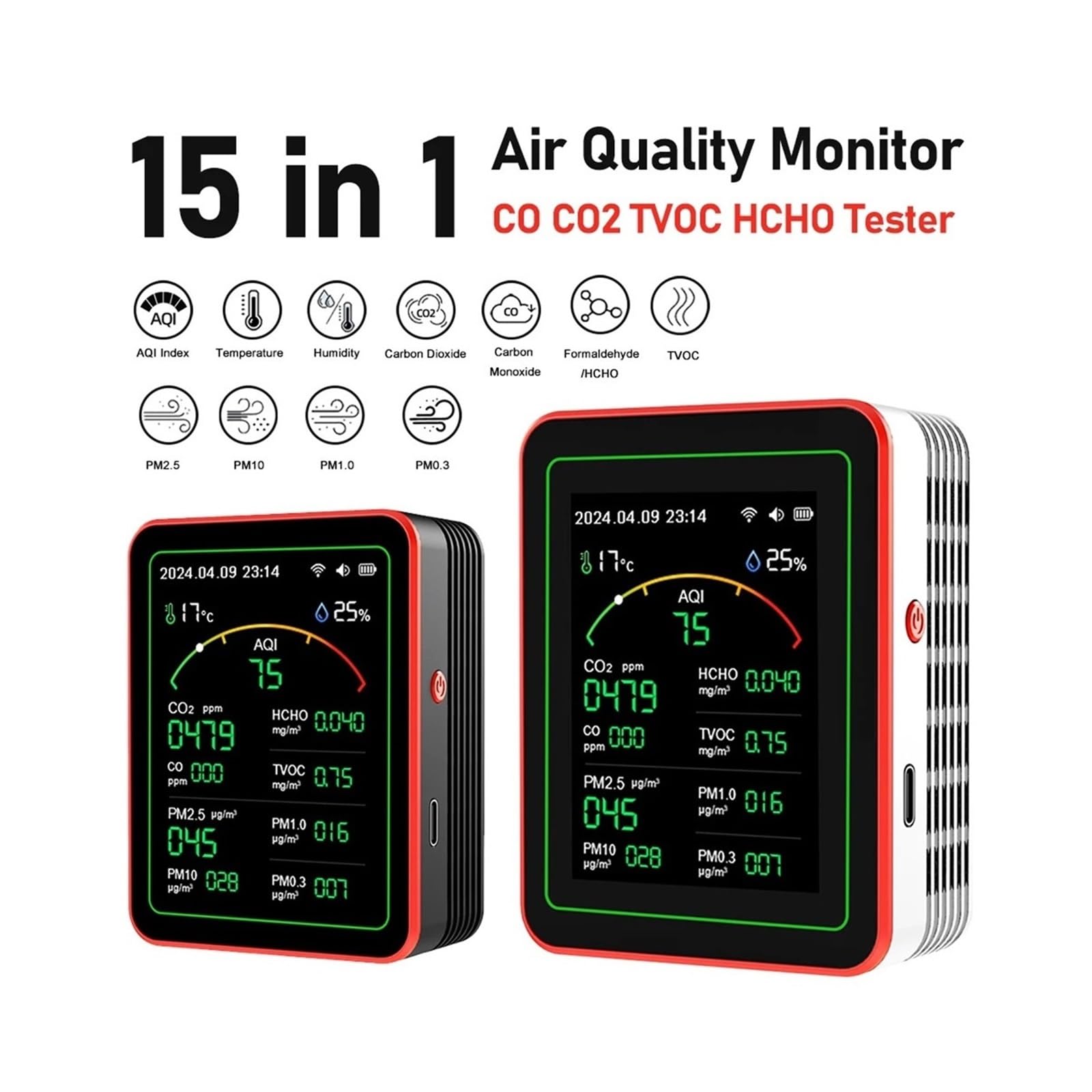 Air Quality Monitor, 15 In 1 Monitor A Qualità 'aria Rilevatore Di CO2 For Interni Formaldeide HCHO TVOC Tester LCD Umidità A Temperatura Allarme Misuratore(Black)