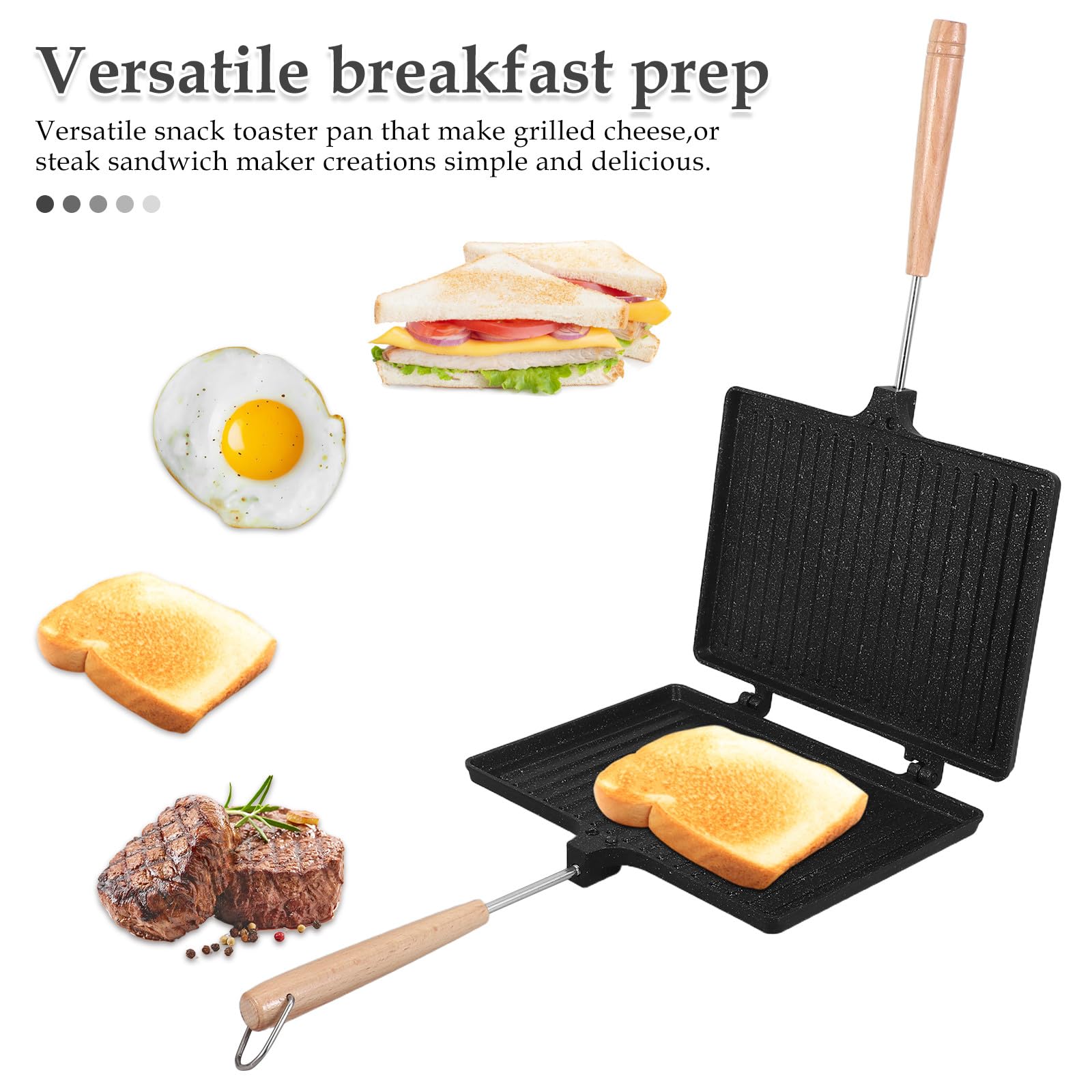 OUNONA Urządzenie do robienia kanapek śniadaniowych: dwustronna patelnia do grillowania z drewnianą rączką, patelnia do grillowania z nieprzywierającą powłoką do kuchni domowych i restauracji
