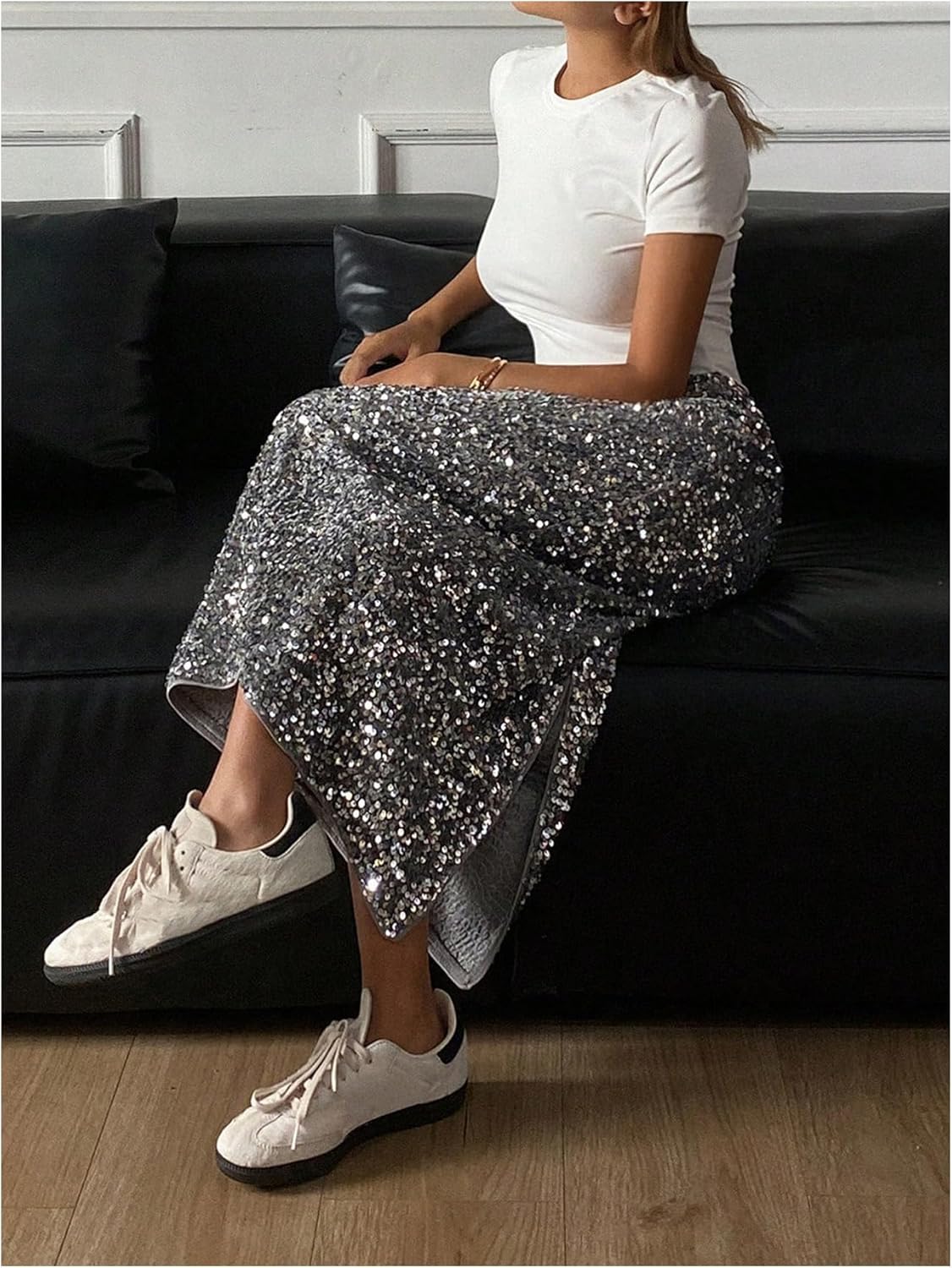 MakeMeChic Women's Y2K Sequin Midi Skirt Party Club Glitter Split Hem Long Skirts