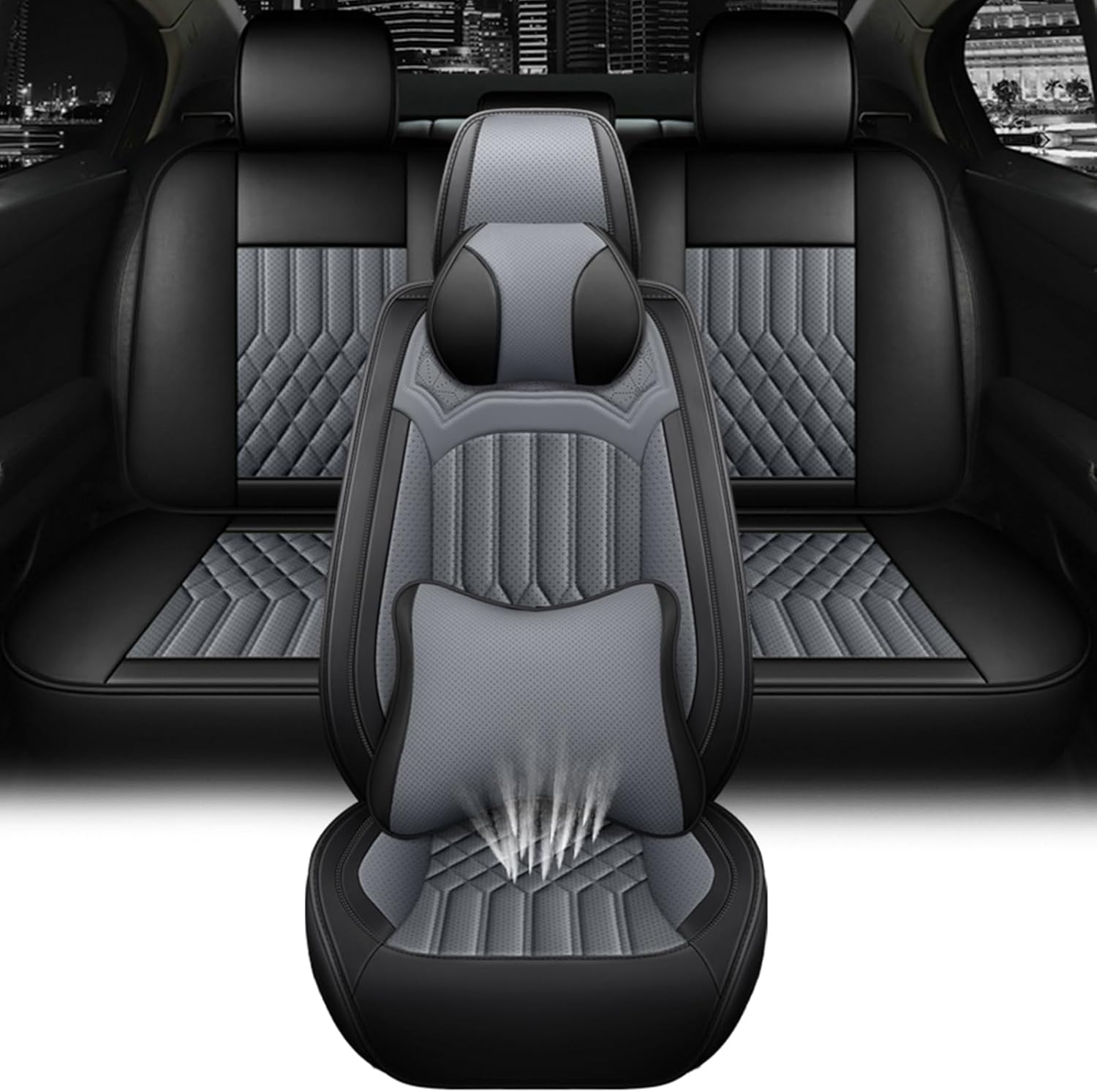 Car Seat Covers for Nissan Frontier 2005-2026,Leather Waterproof Anti-Slip Four Seasons Universal Seat Cover,Protector Comfort Car Seat Cover with Airbag(Black&Gray,5 with Pillow)