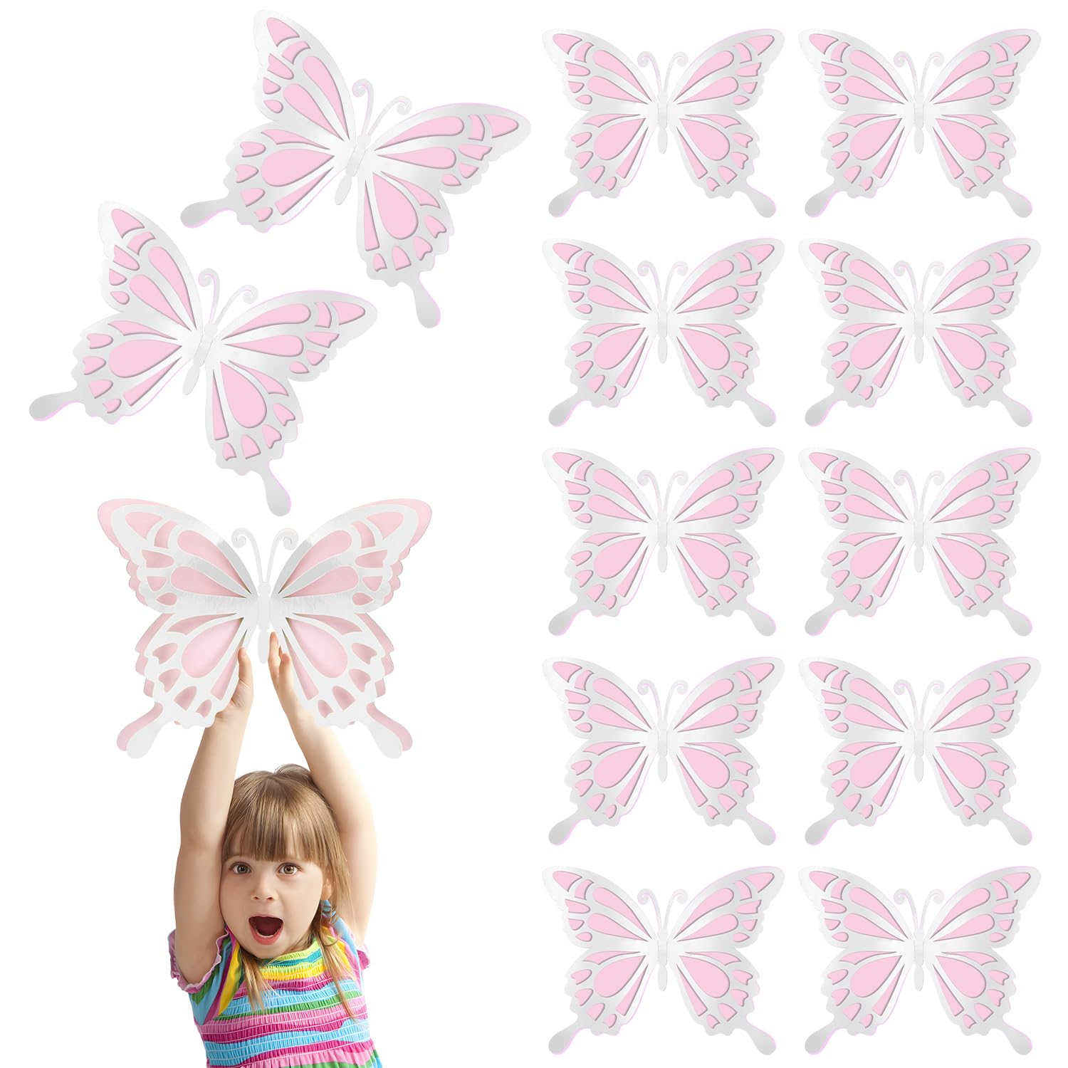 Papillons décoratifs muraux 3D rose en papier grand format lot de 12 pour fête