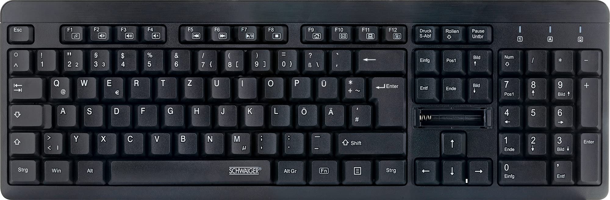 SCHWAIGER -WKB1000 013- Klawiatura | bezprzewodowa | zasilana bateryjnie | układ niemieckojęzyczny | Plug & Play | małe urządzenia stojące | cicha praca | czarna