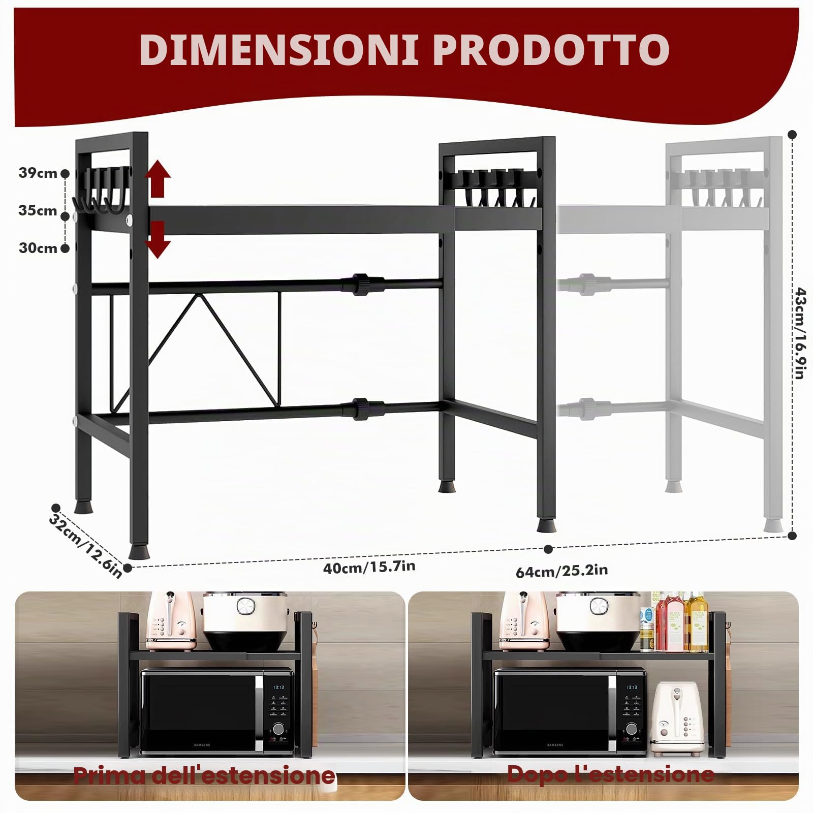 Mensola Microonde, Scaffale da Cucina Estensibile, Supporto Microonde Salvaspazio, Ripiano per Microonde con 6 Ganci 1 Porta Utensili da Cucina, Mobiletto Cucina Microonde Nero