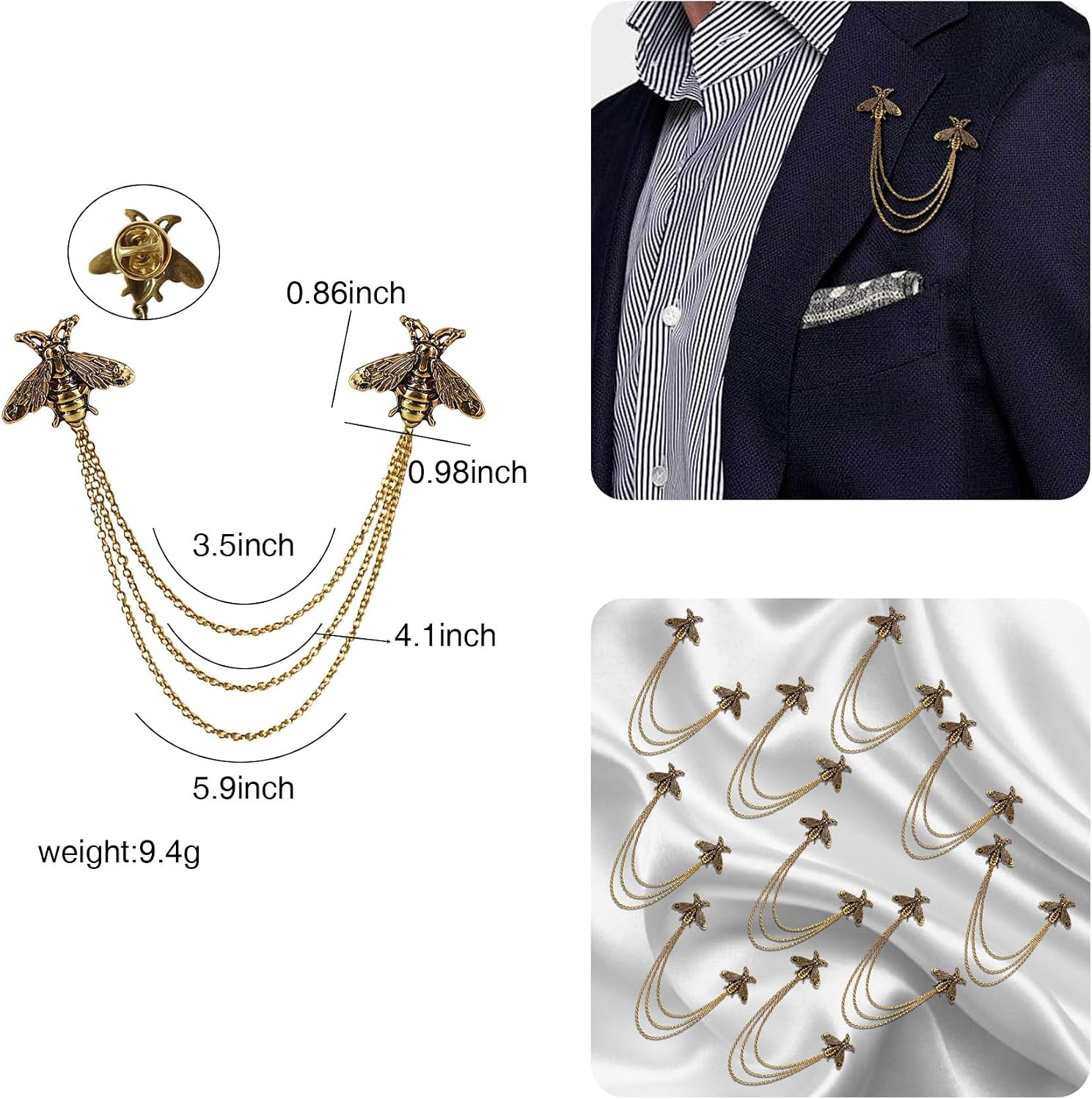 10Pcs Vintage Metal Bee Lapel Pin for Men Collar Pins Set Gold Silver Bee Animal With Hanging Chain Lapel Pins for Men's Suit Accessories Brooch Pin Fashion Jewelry for Men Women