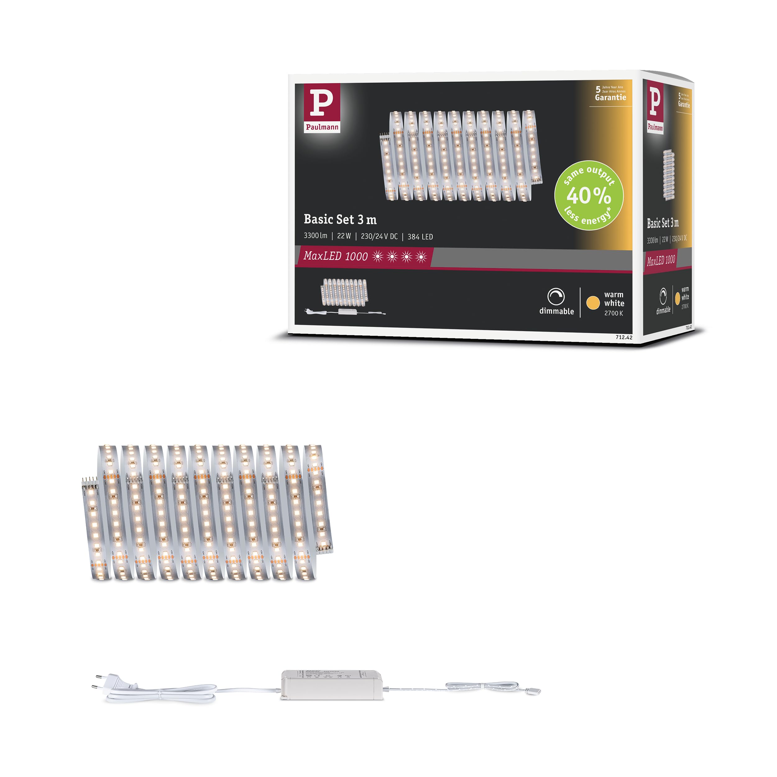 Paulmann MaxLED 1000 LED Strip Basisset 3m Warmweiß 22W 1100lm/m 2700K 40VA 71242