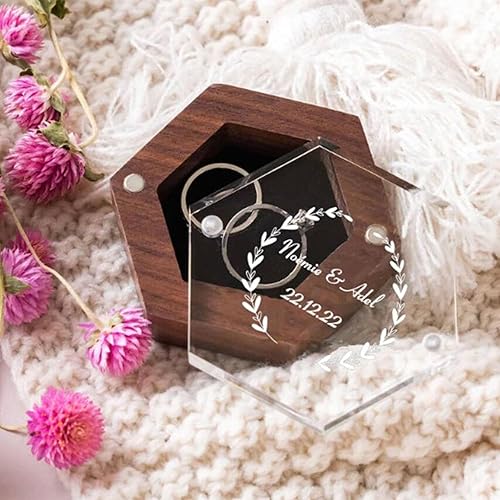 Miniatura 5 de Eyesoul Caja de anillo de boda personalizada con nombrefecha, caja de anillo de compromiso de madera, caja de portador de anillos de lujo