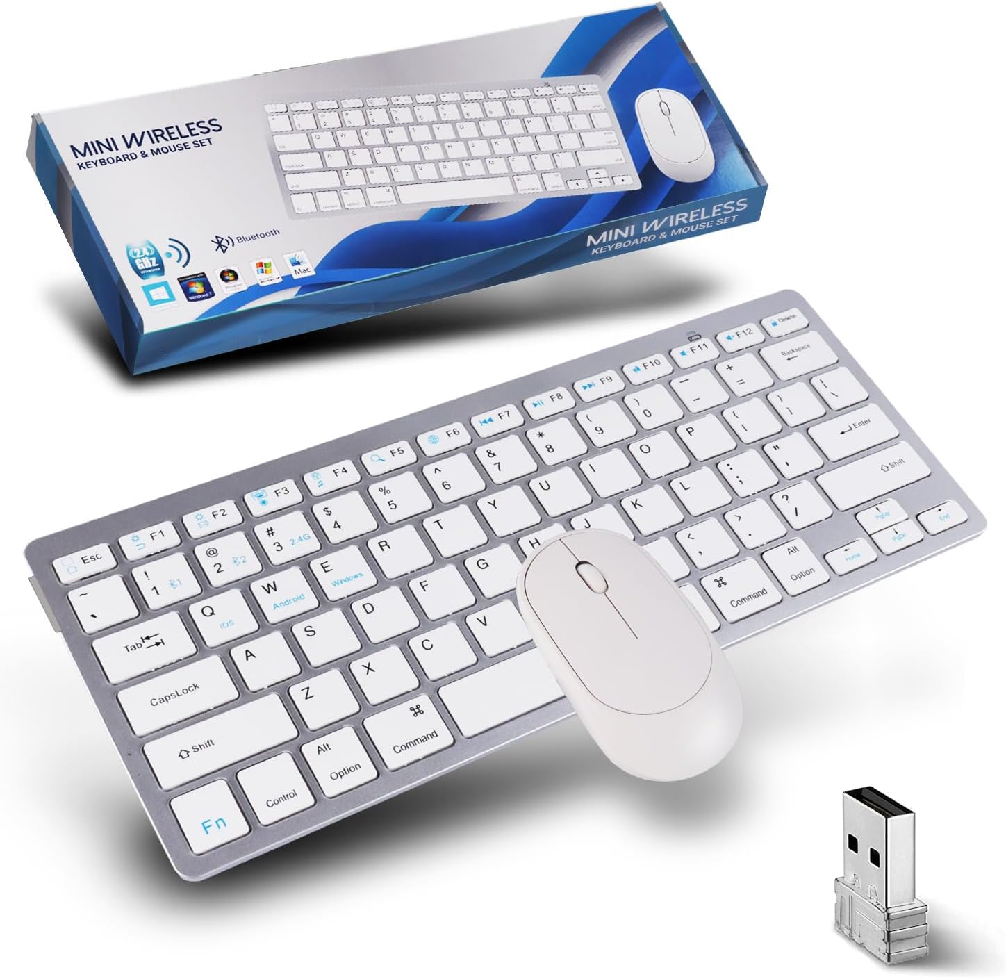 Mini Wireless Keyboard and Mouse Set,(Bluetooth5.2+2.4G)Dual-Mode USB Cordless Keyboard and Silent Mouse Combo, Multimedia Shortcuts for Mac,Computer,PC,Laptop,Battery-powered,QWERTY US Layout,Silver
