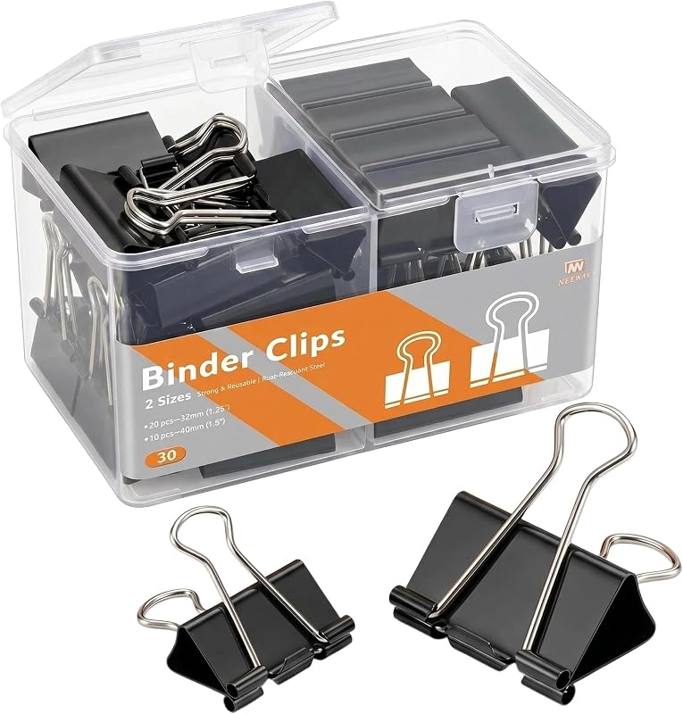 30 clips para carpetas medianos y grandes, clips para carpetas de papel de 2 tamaños (1,25 pulgadas y 1,6 pulgadas), abrazaderas de papel de metal para oficina y hogar (negro)