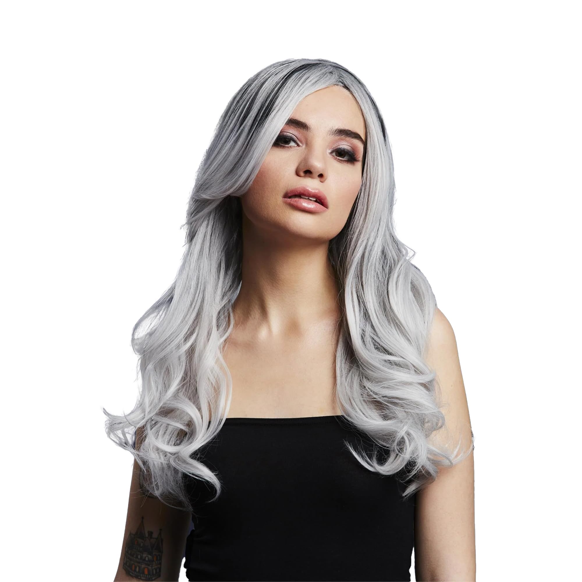 Smiffys Fever Khloe Wig, True Blend, Ice Silver Long Wave, Centre Parting, 56cm/22in, Fever Wigs Fancy Dress, Halloween Fancy Dress Accessories Dress Up Wigs