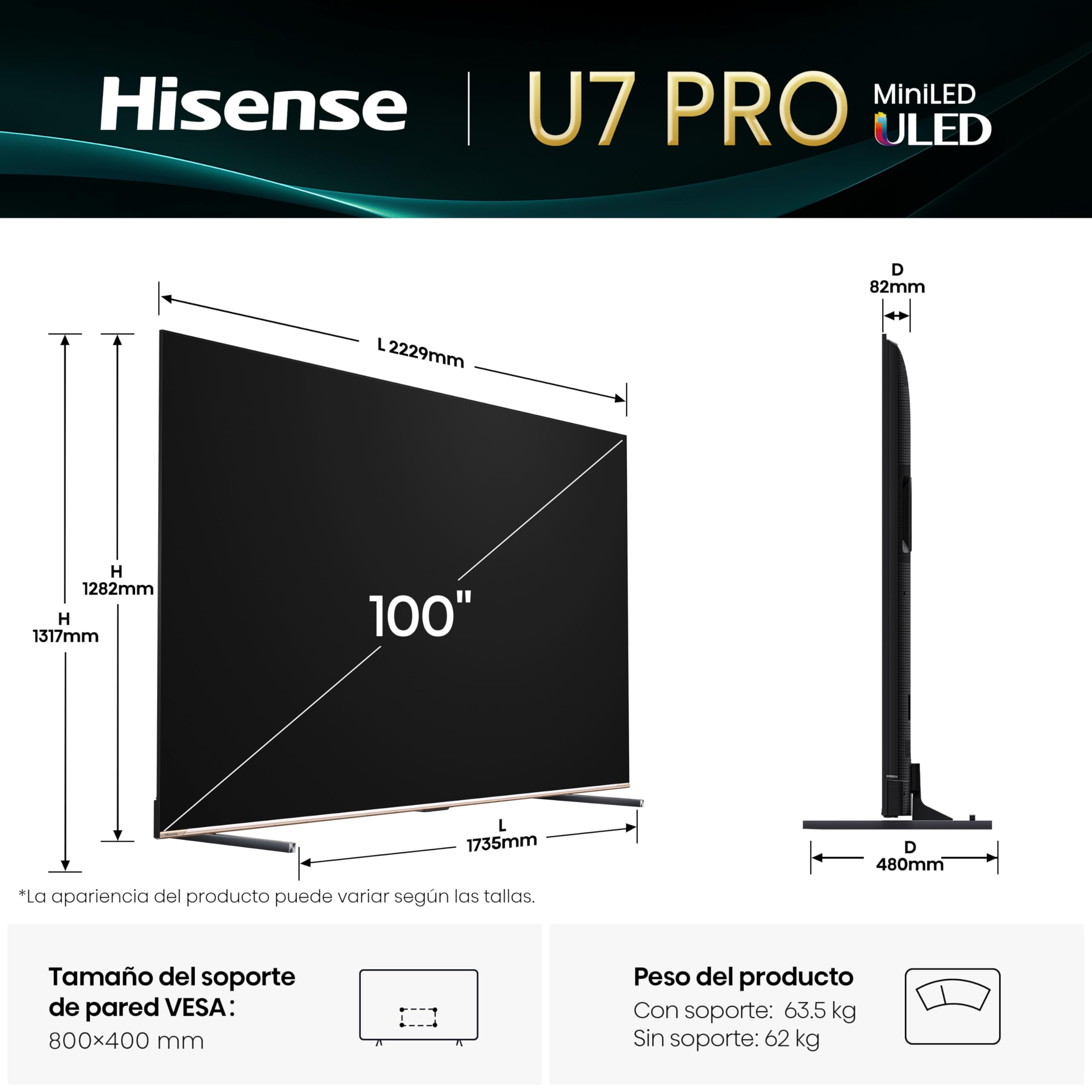 Hisense 100U70Q Pro - Mini LED Pro Smart TV 100 Pulgadas, Procesador Hi-View IA Pro, Modo Juego Ultra de 165Hz, Full Array Local Dimming, Sonido 2.1.2, Dolby Vision IQ, Dolby Atmos, Antireflejos