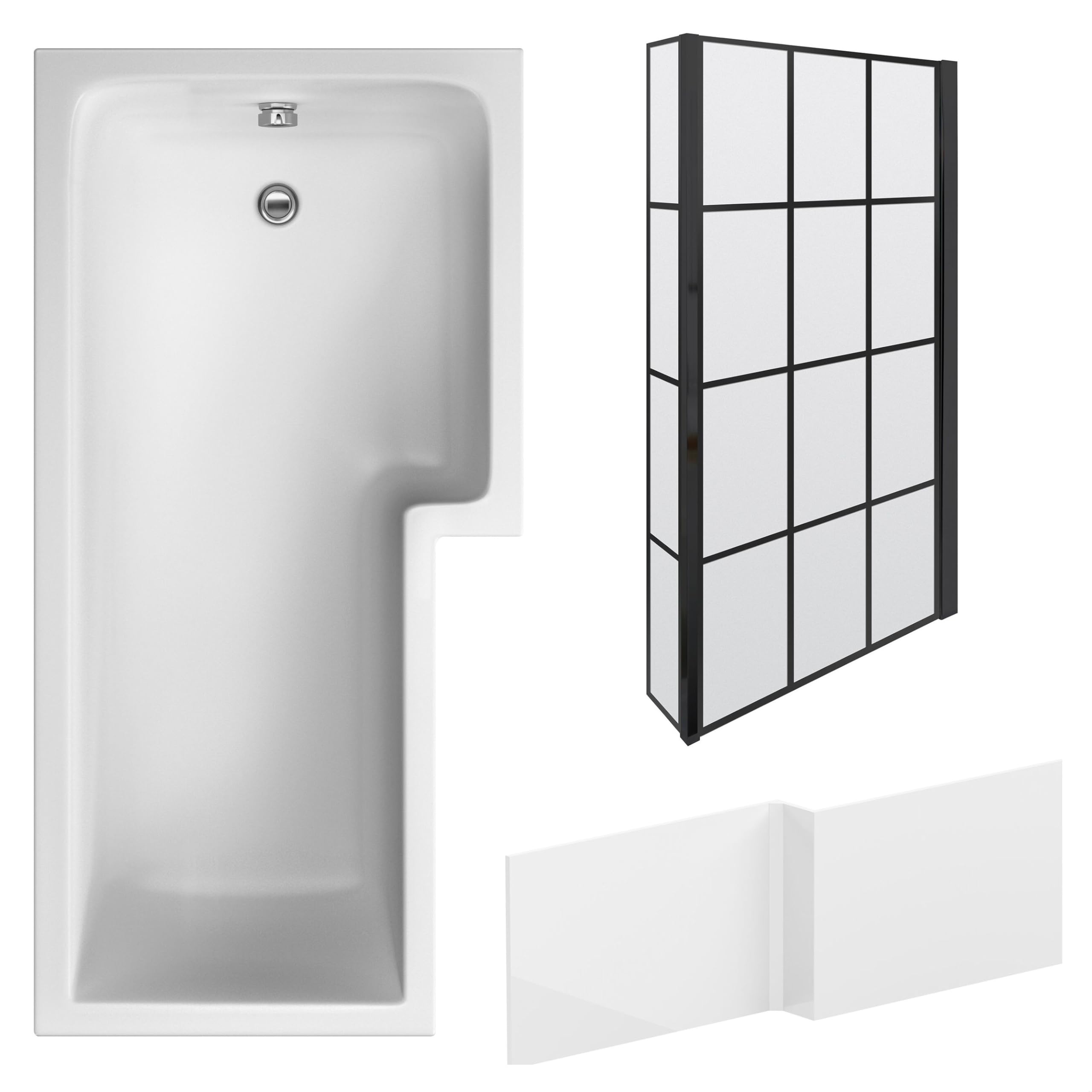 Balterley White 1700 X 850Mm L Shape Shower Bath With Leg Set, Black Grid Fixed Return Shower Screen & L Shaped Bath Panel, Right Hand Single Ended Gloss Soaking Baths, Acrylic Baths (White)