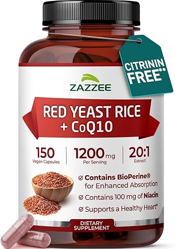 Zazzee Extracto de arroz de levadura roja extra fuerte 10:1 cápsulas de 1200 mg, sin citrinina, 200 cápsulas veganas, no irradiado, sin OMG y