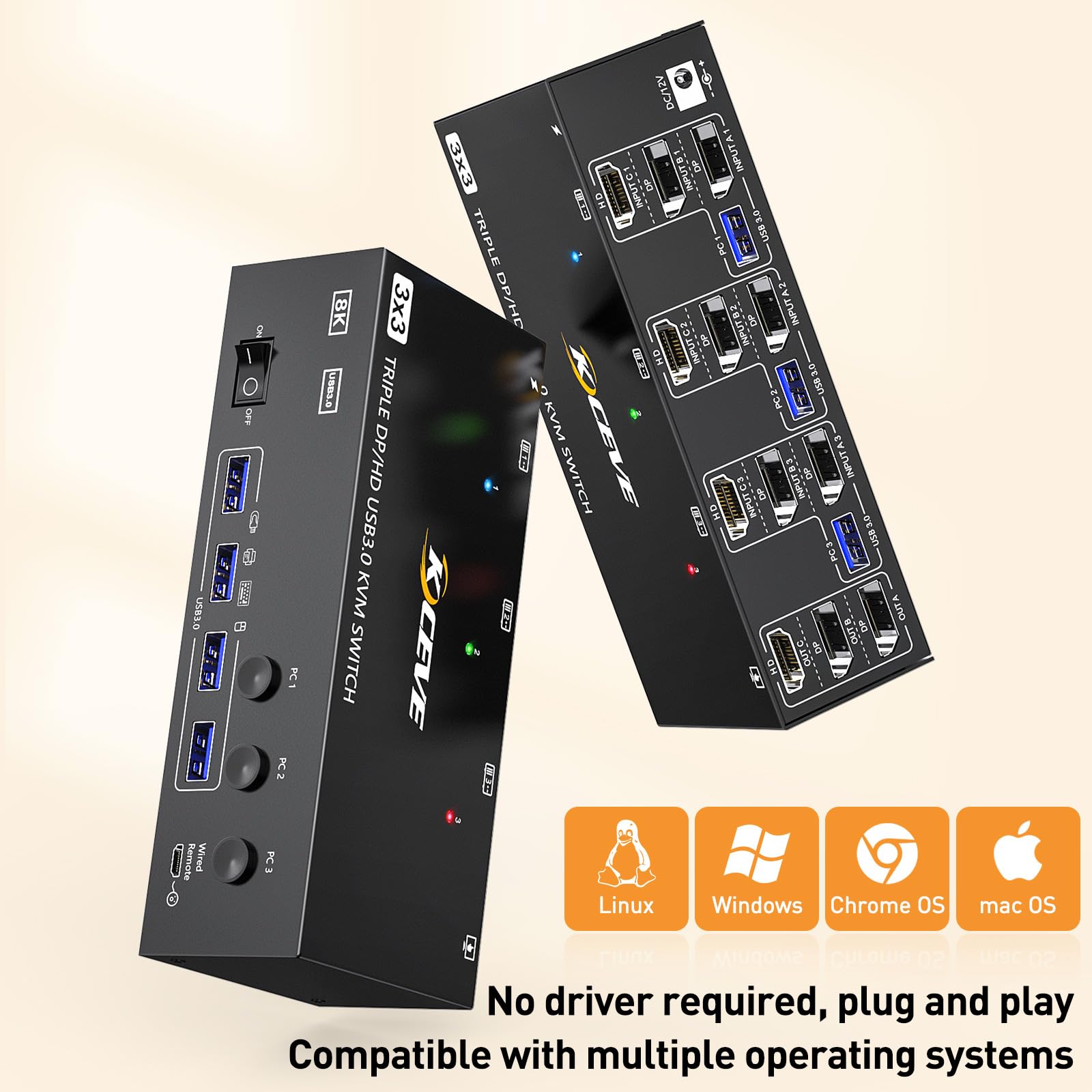 KVM Switch 3 Monitore 3 PC, Displayport HDMI USB 3.0 KVM-Umschalter Dreifachanzeige, unterstützt 4K@60 Hz für 3 Computer