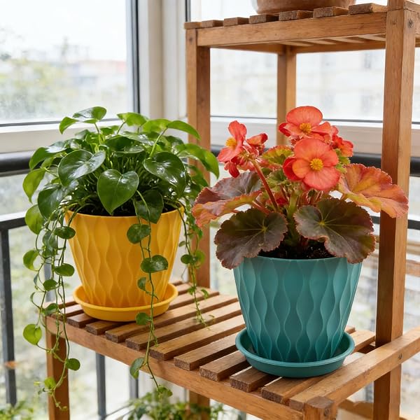 6 Pack Plastic Plant Pots 15cm/6-in Flower Pots with Drainage Holes and Tray Modern Decorative Planter Pot Indoor Outdoor Planters for All House Plants(6 Colour) - 5