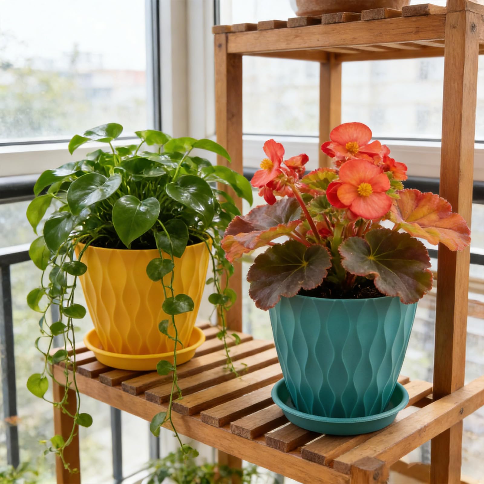 6 Pack Plastic Plant Pots 15cm/6-in Flower Pots with Drainage Holes and Tray Modern Decorative Planter Pot Indoor Outdoor Planters for All House Plants(6 Colour) — view 5