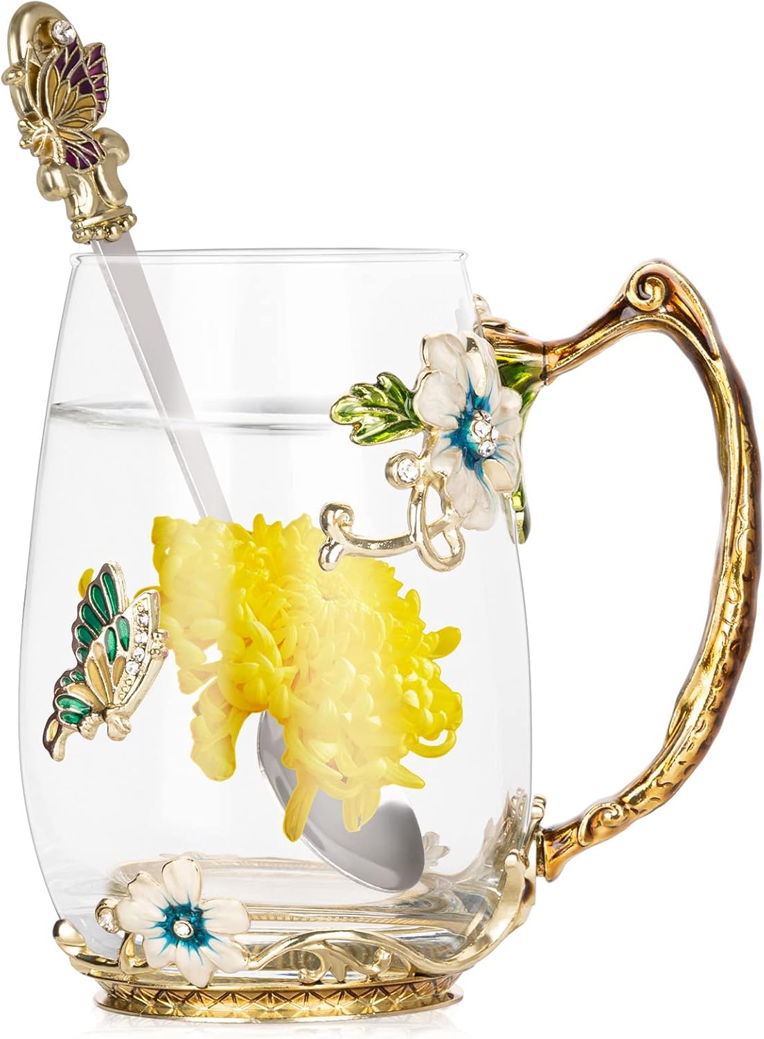 Glass Flower Tea Cup with Tea Spoons Wisolt Elegant